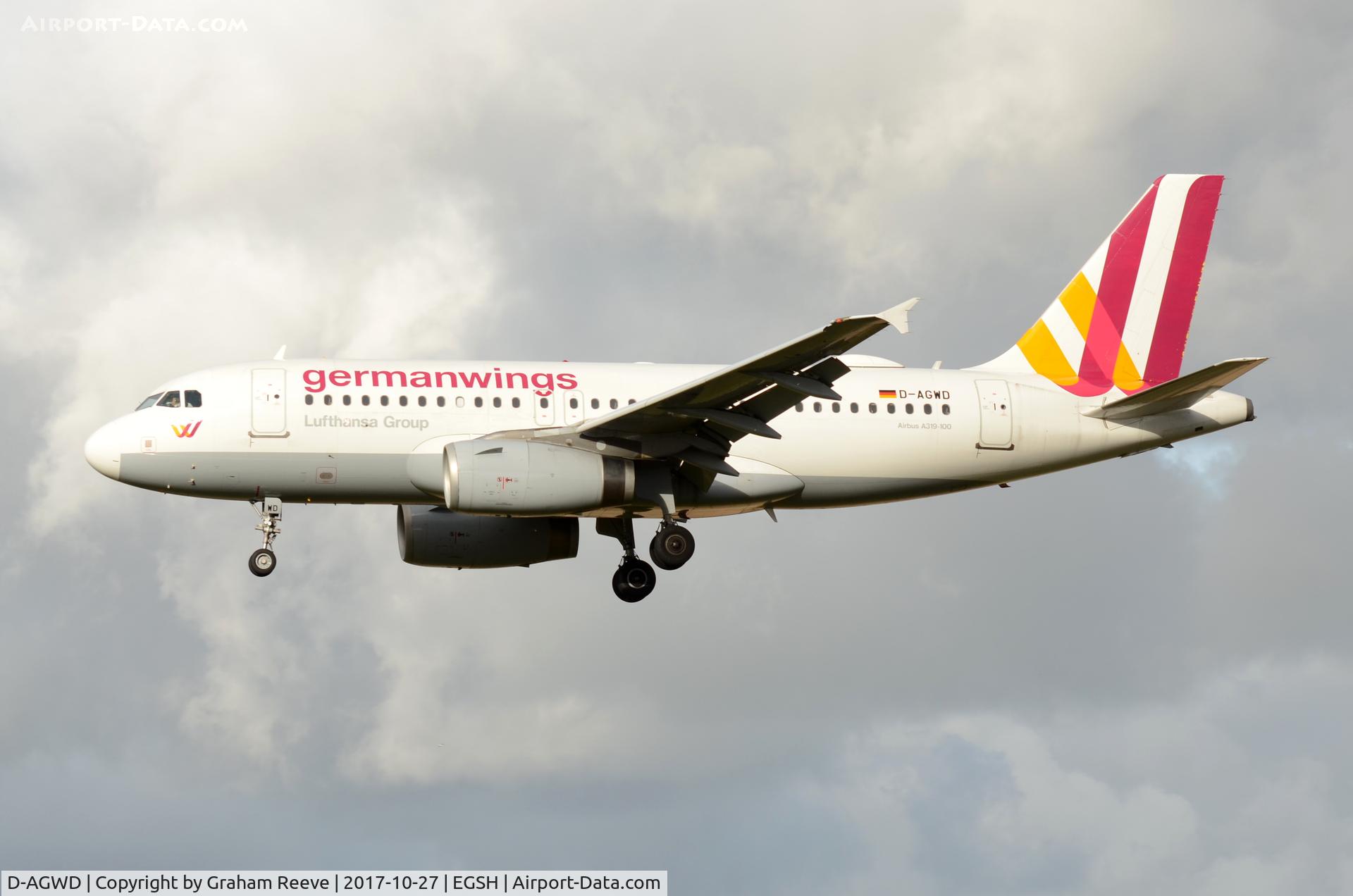 D-AGWD, 2007 Airbus A319-132 C/N 3011, Landing at Norwich.