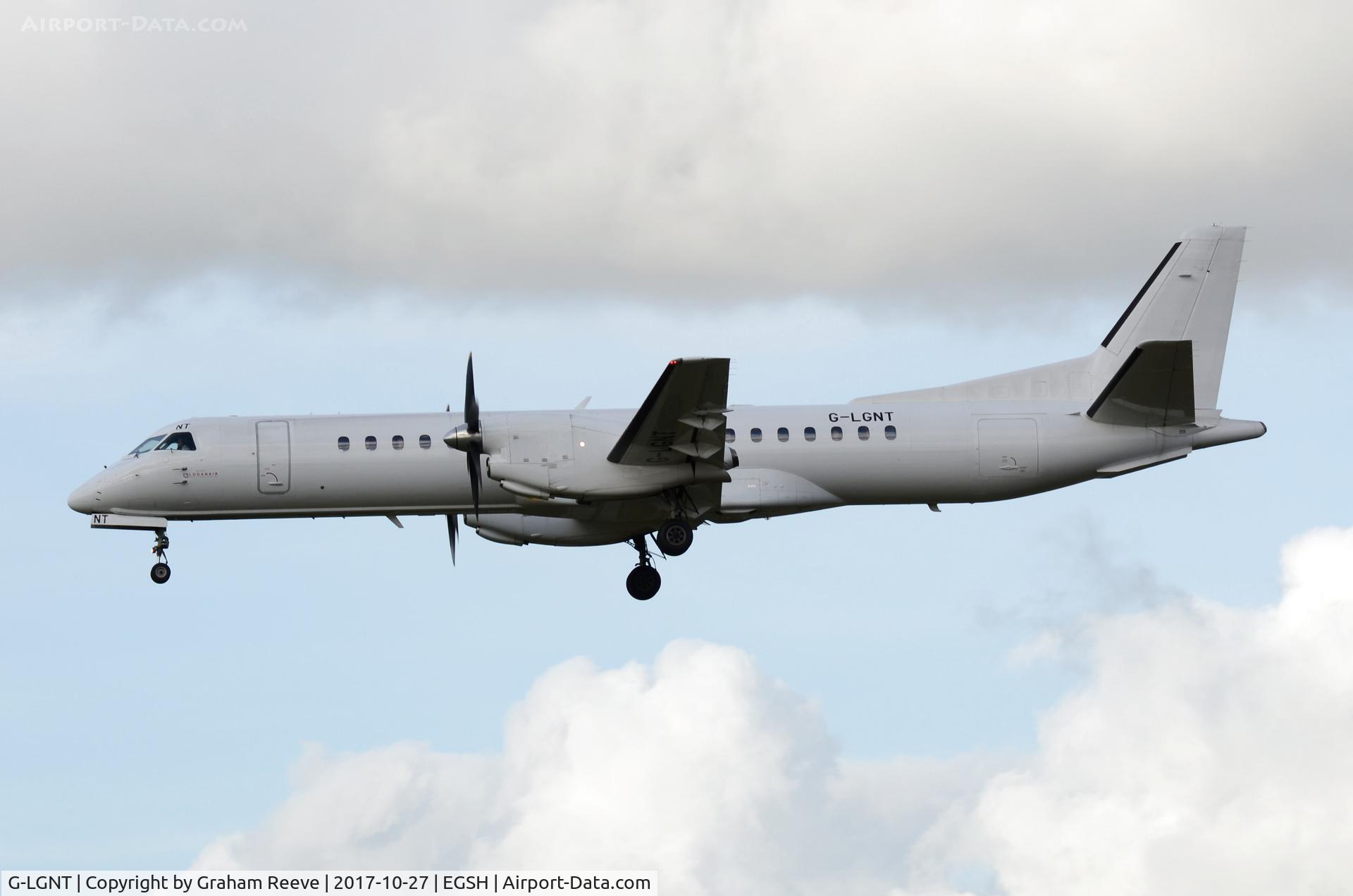 G-LGNT, 1996 Saab 2000 C/N 2000-039, Landing at Norwich.