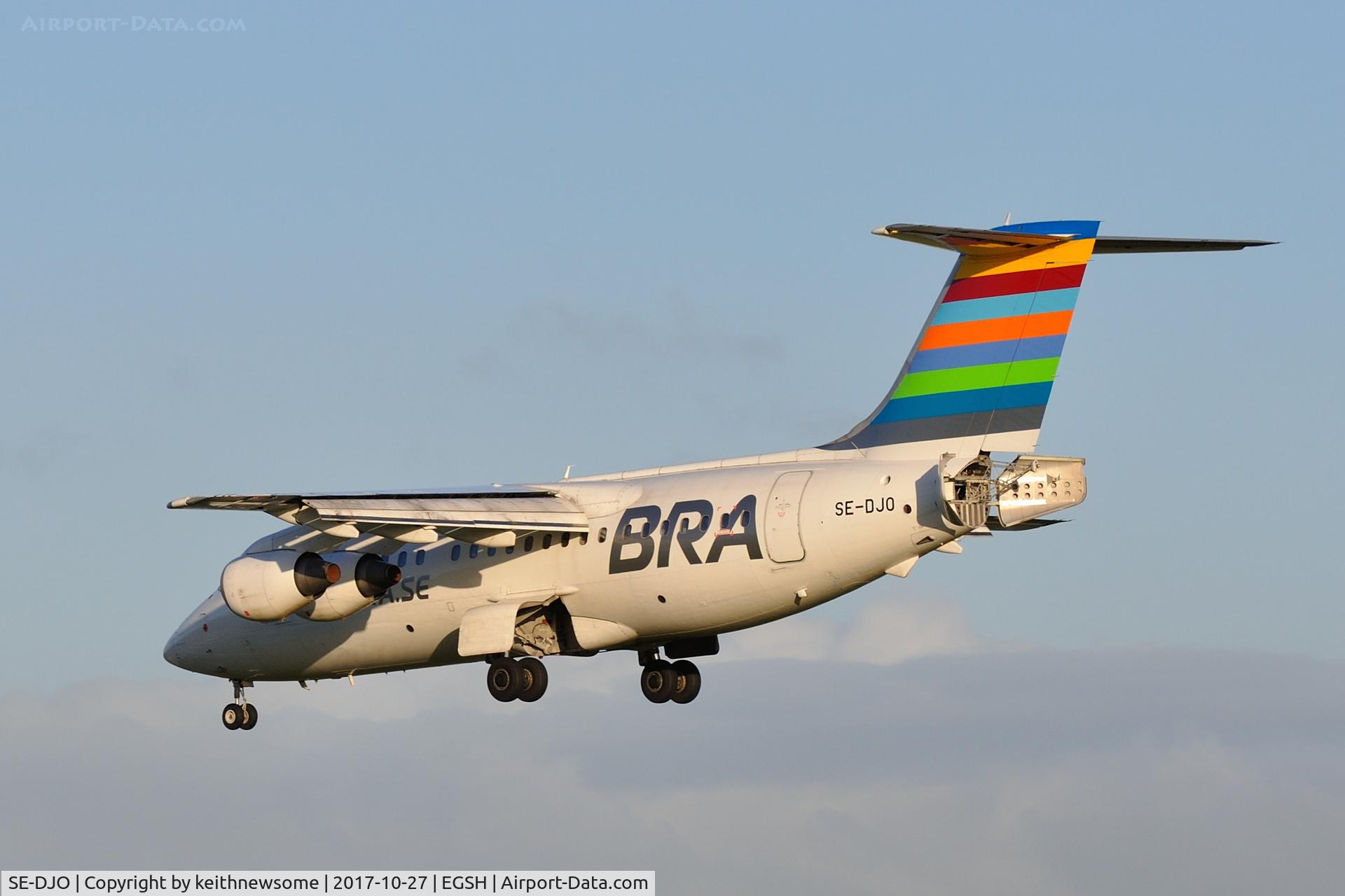 SE-DJO, 1992 British Aerospace BAe.146-200 C/N E2226, Arriving at Norwich for paintwork.