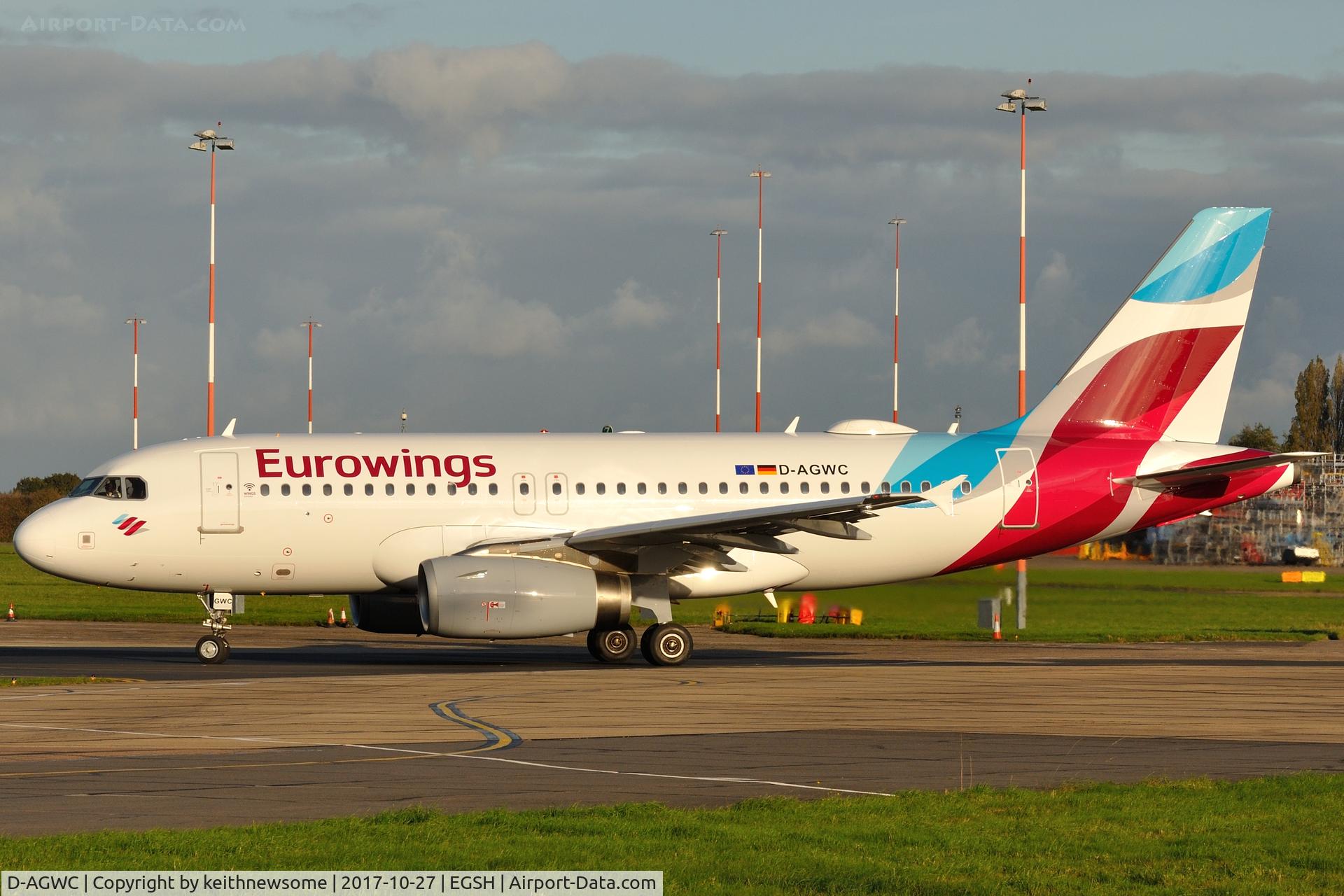 D-AGWC, 2006 Airbus A319-132 C/N 2976, Leaving Norwich with Eurowings colour scheme.