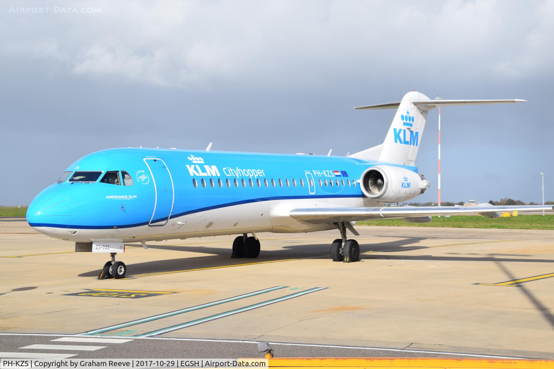 PH-KZS, 1995 Fokker F70 (F-28-0070) C/N 11540, On stand at Norwich having just landed after it's last flight with KLM.