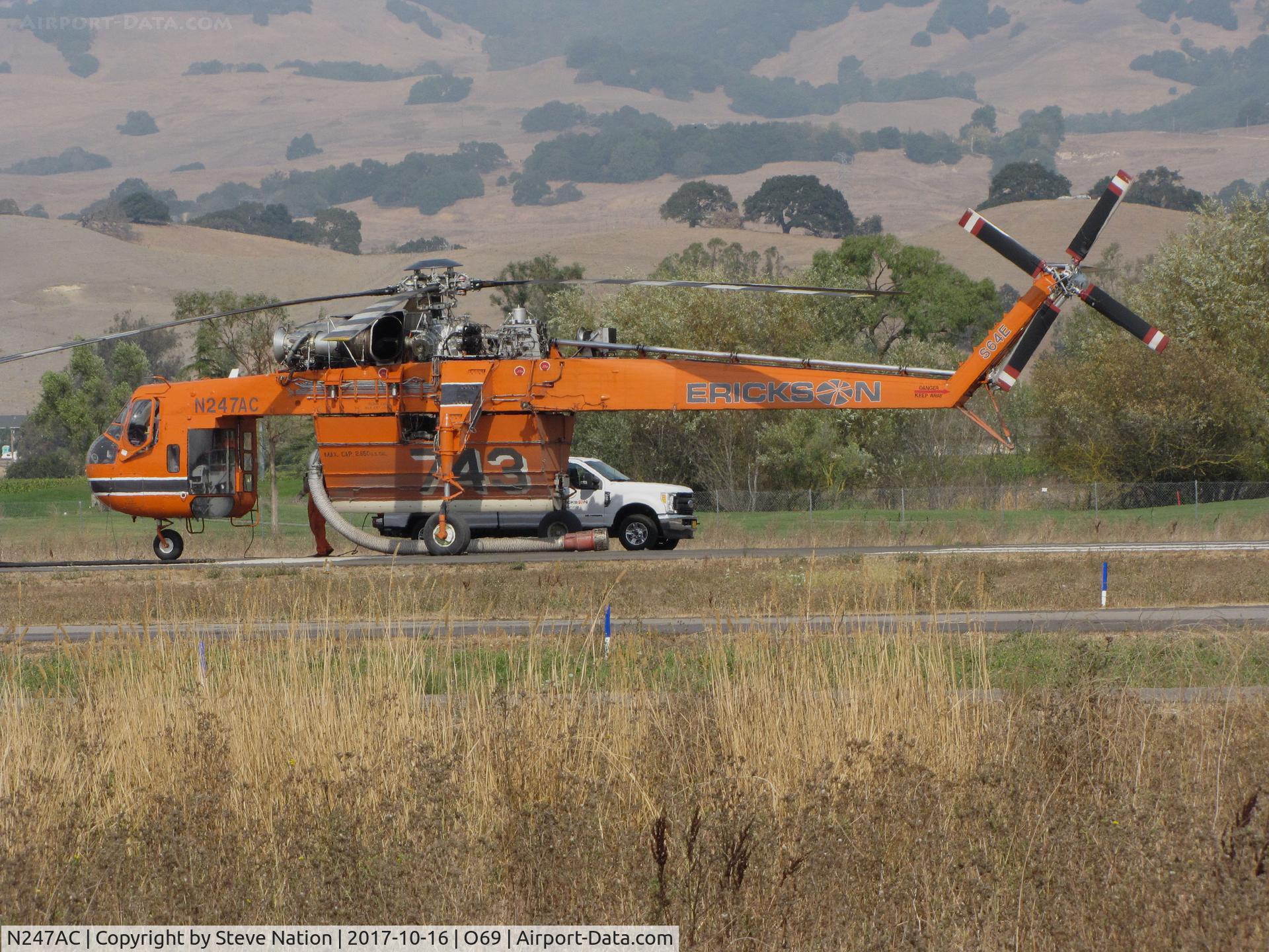 N247AC, 1968 Erickson S64E Skycrane C/N 64052, Erickson Air Crane (Central Point, OR) Sikorsky S-64E (CH-54A) water dropping tanker #743 @ Petaluma Municipal Airport, CA temporary home base in support of efforts to control devastating Northern California Oct 2017 wildfires