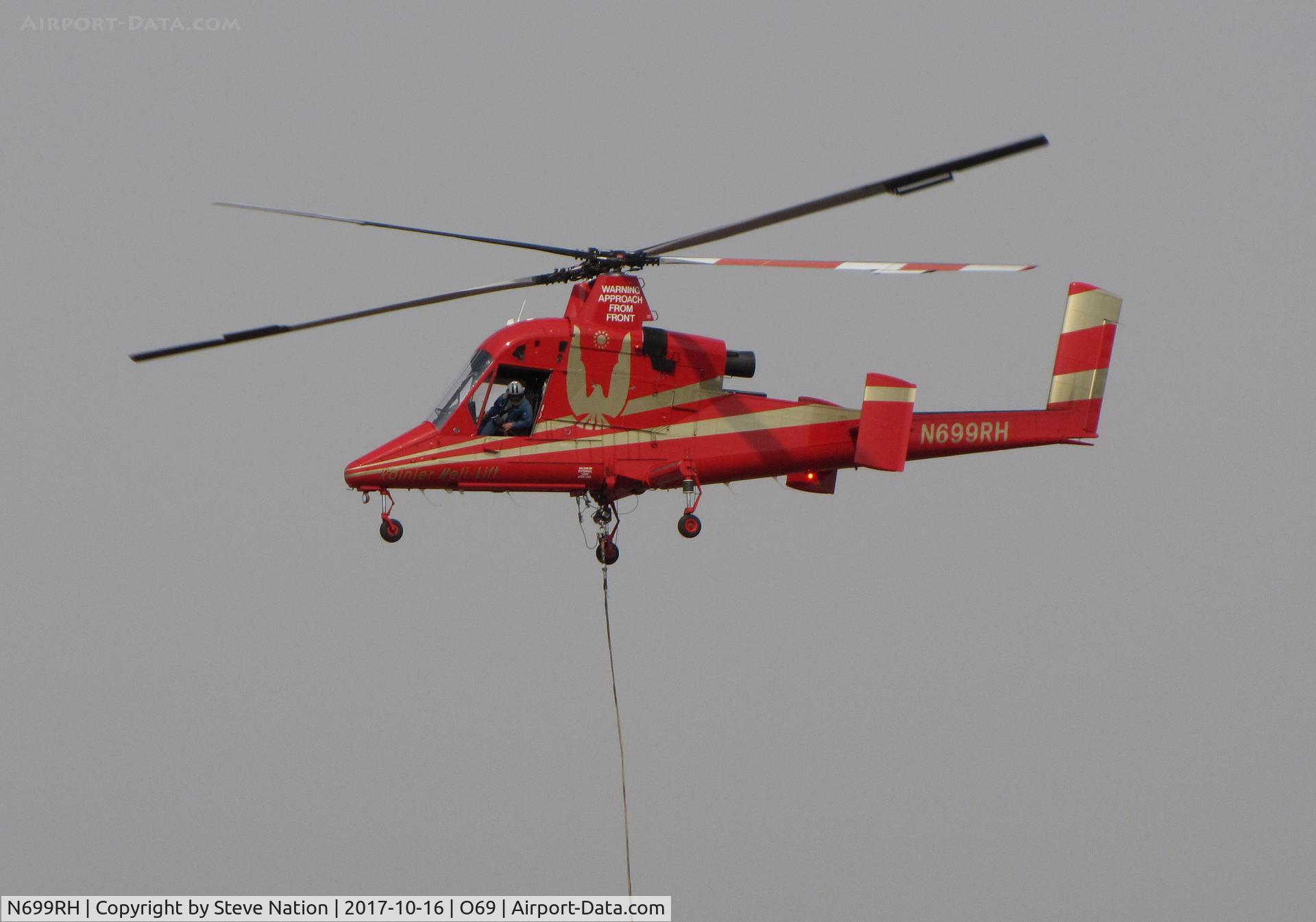 N699RH, 1994 Kaman K-1200 K-Max C/N A94-0019, Rainier Helicopters (Kirkland, WA) 1994 Kaman K-1200 K-MAX water dropping helicopter prepares to leave for action @ Petaluma Municipal Airport, CA temporary home base in support of efforts to control devastating Oct 2017 Northern California wildfires