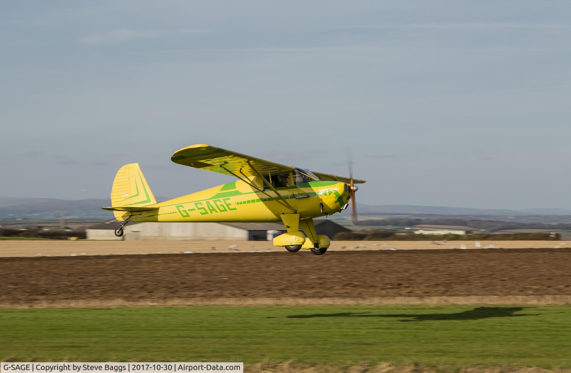 G-SAGE, 1946 Luscombe 8A C/N 2581, Landing at grass air strip at East Soar, the former RAF Bolt Head in Devon, UK.