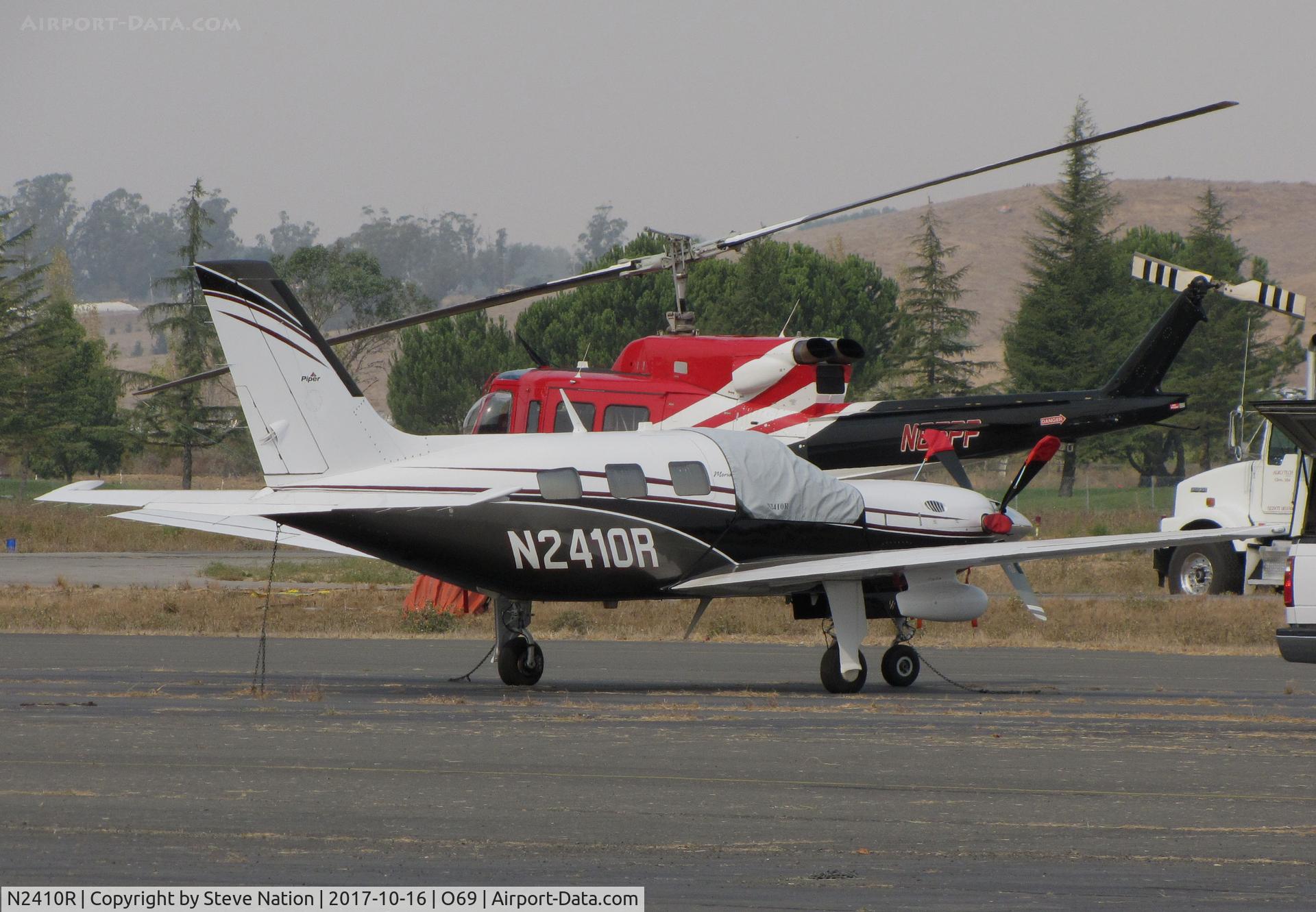 N2410R, 2011 Piper PA-46-500TP Malibu Meridian C/N 4697449, Pole R Consulting (Larkspur, CA) 2011 Piper PA-46-500TP Malibu Meridian @ Petaluma Municipal Airport, CA while runway at Novato Municipal Airport, CA home base is resurfaced
