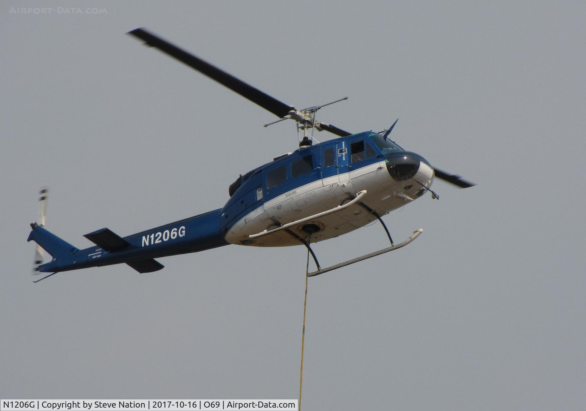 N1206G, 1966 Bell UH-1H Iroquois C/N 5269 (66-0786), Trans Aero (Cheyenne, WY) 1966 UH-1H water dropping helicopter hovers @ Petaluma Municipal Airport, CA temporary home base in support of efforts to control devastating Oct 2017 Northern California wildfires