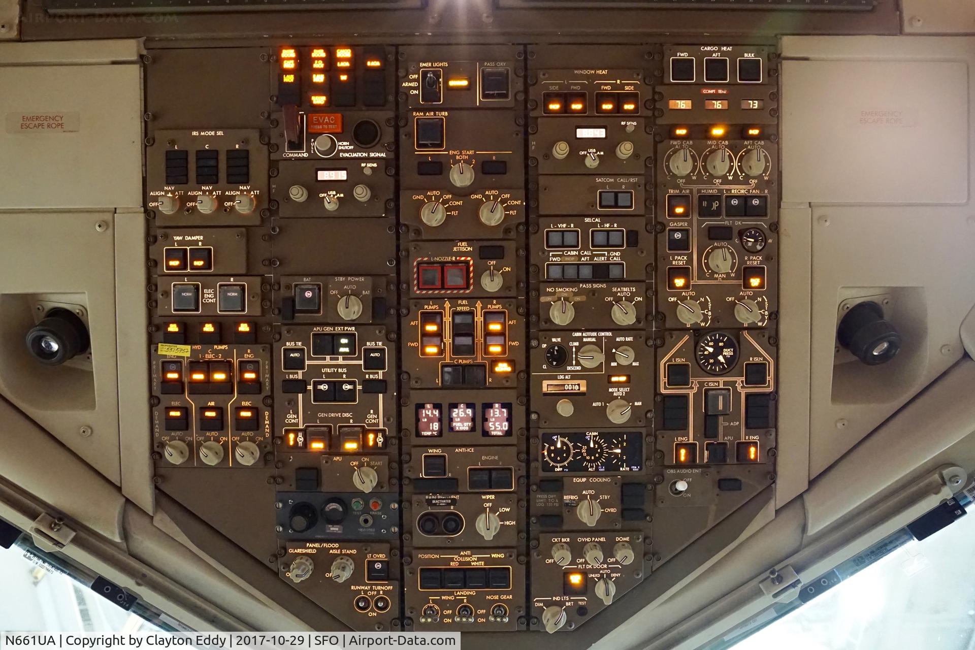 N661UA, 1993 Boeing 767-322 C/N 27158, Overhead panel SFO 2017.