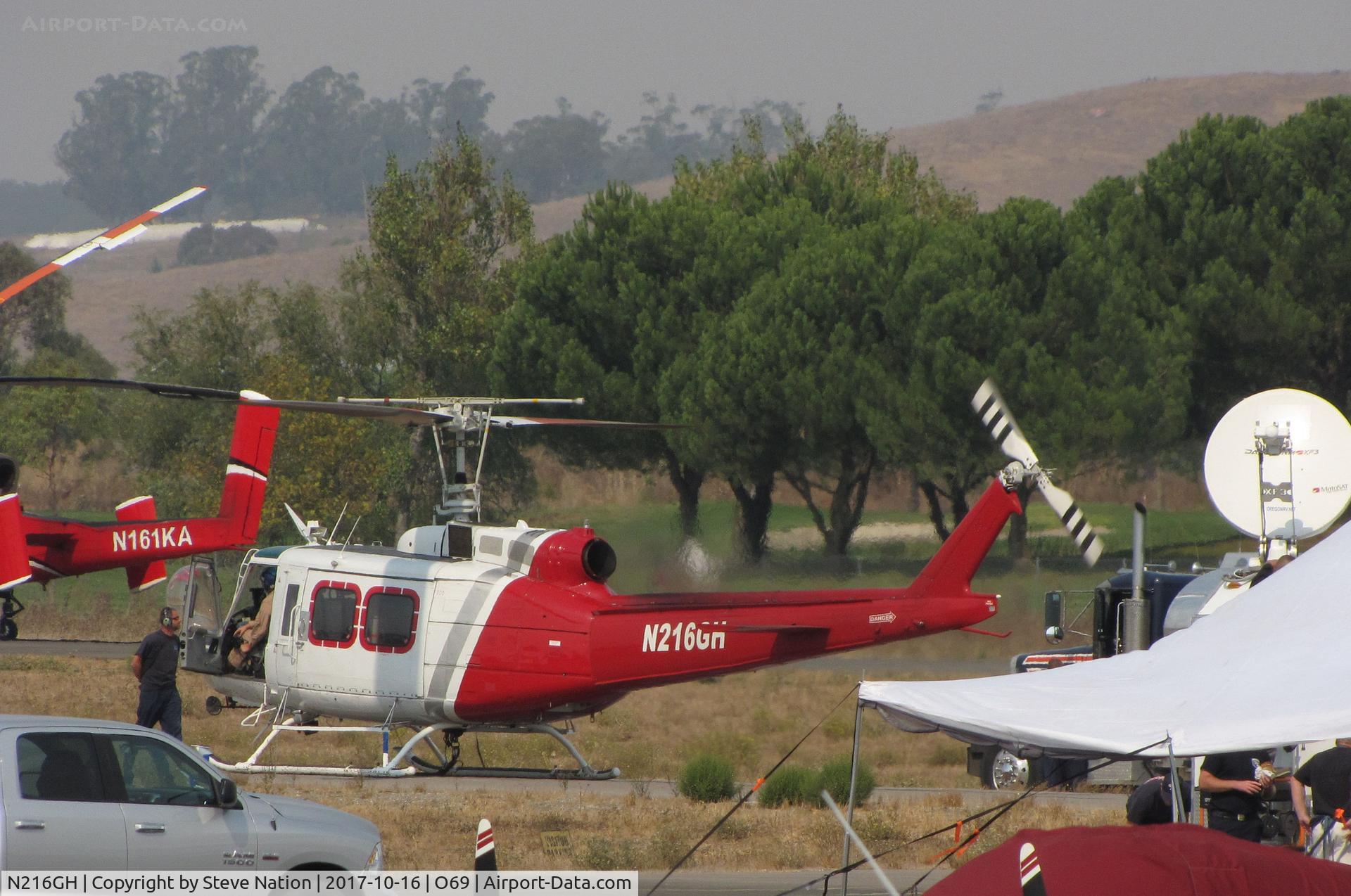 N216GH, 1969 Bell 205A-1++ C/N 30036, Rotorcraft Support (Van Nuys, CA) 1969 Bell 205A-1 (UH-1H) water dropping helicopter readies for take-off @ Petaluma Municipal Airport, CA temporary home base in support of efforts to control devastating Oct 2017 Northern California wildfires