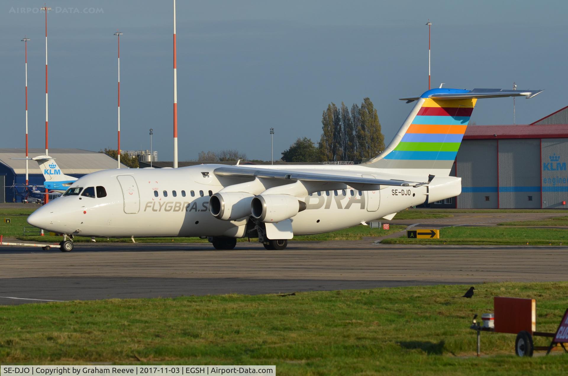 SE-DJO, 1992 British Aerospace BAe.146-200 C/N E2226, Under tow at Norwich.