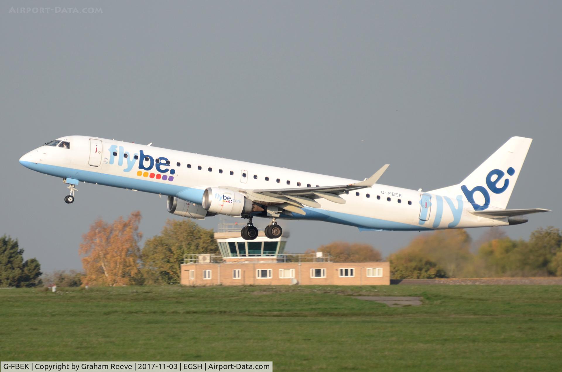 G-FBEK, 2008 Embraer 195LR (ERJ-190-200LR) C/N 19000168, Departing from Norwich.