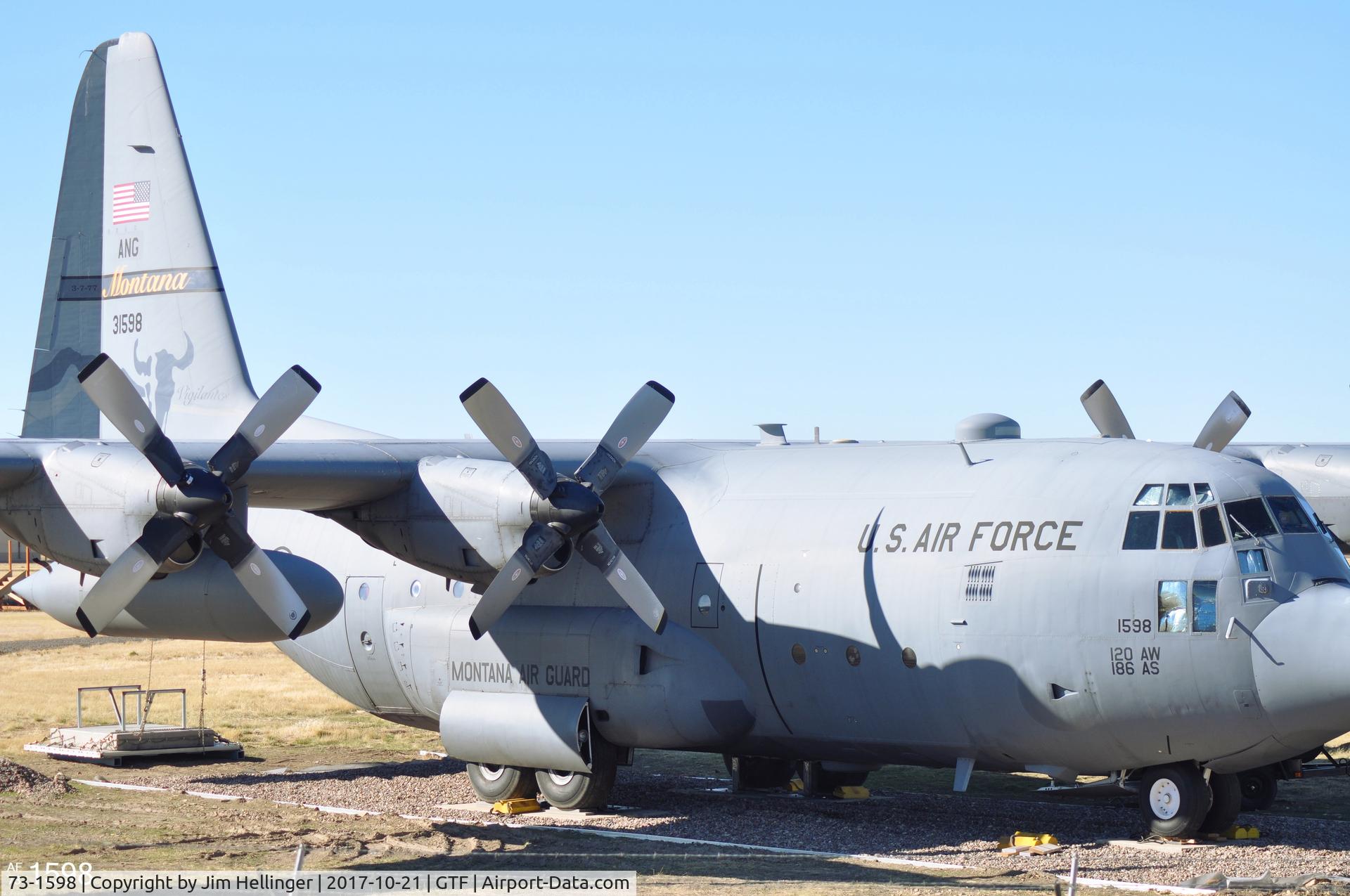 73-1598, 1973 Lockheed C-130H Hercules C/N 382-4573, 1598 retired with around 24,000 flight hours. Seen here being put on permanent display at GTF airport (2017).