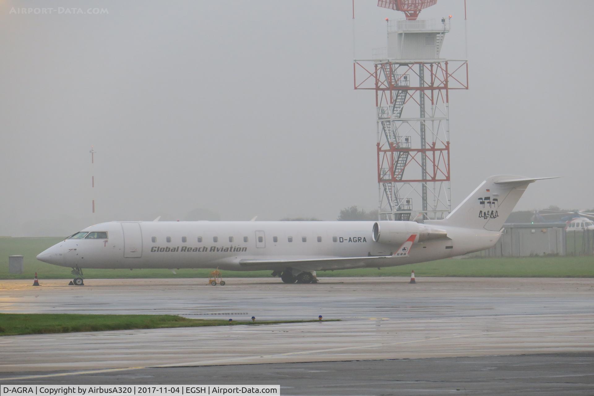 D-AGRA, 2000 Canadair CRJ-200LR (CL-600-2B19) C/N 7384, Nice damp morning shot at Norwich 
New to Adria Airways S5-AAG , now operated by ProAir
