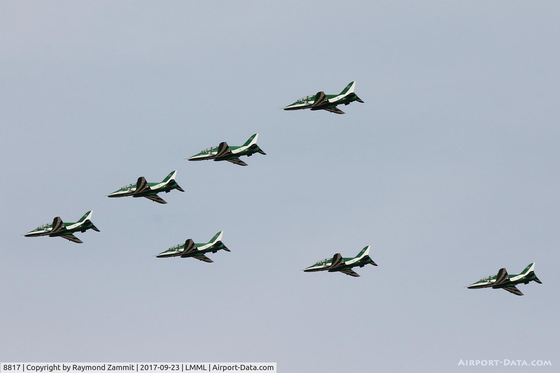 8817, British Aerospace Hawk 65A C/N 6Y002, Bae Hawks formation of the Royal Saudi Air Force Aerobatic Team performing over Malta during the International Airshow 2017.