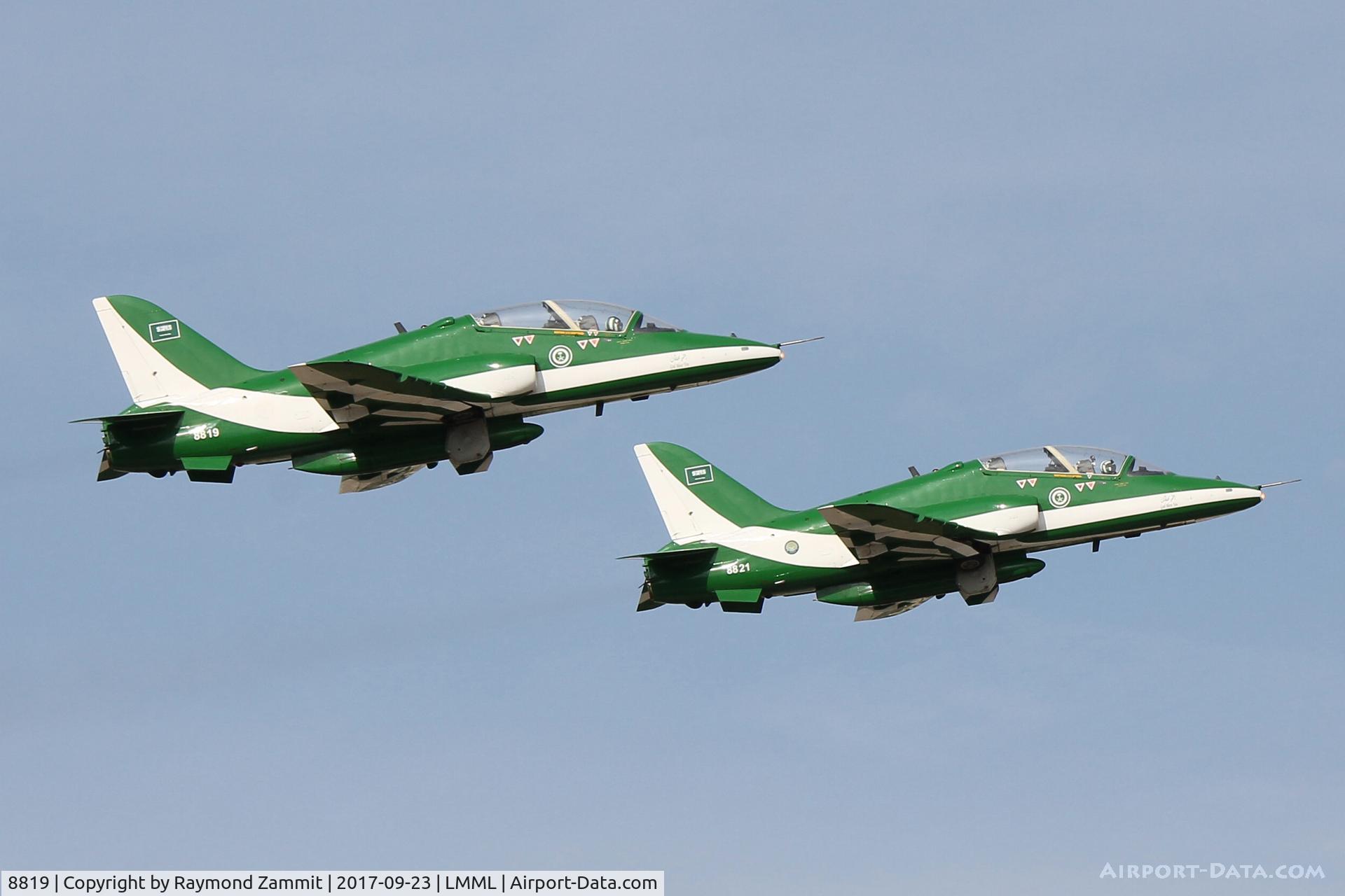 8819, British Aerospace Hawk 65A C/N 6Y013, Hawks 65As 8819 and 8821 of the Saudi Arabian Air Force Aerobatic Team taking off RW13 to participate in the Malta International Airshow 2017