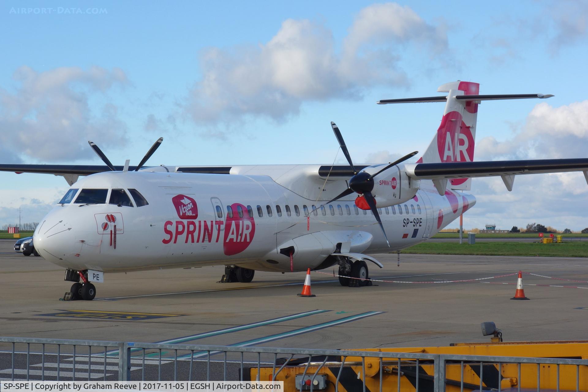 SP-SPE, 1995 ATR 72-202 C/N 441, Parked on stand at Norwich.