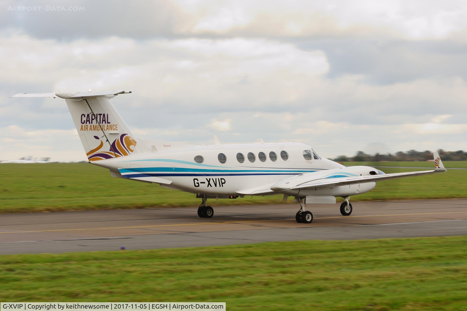 G-XVIP, 1980 Beech 200 Super King Air C/N BB-588, Leaving Norwich following overnight stay.