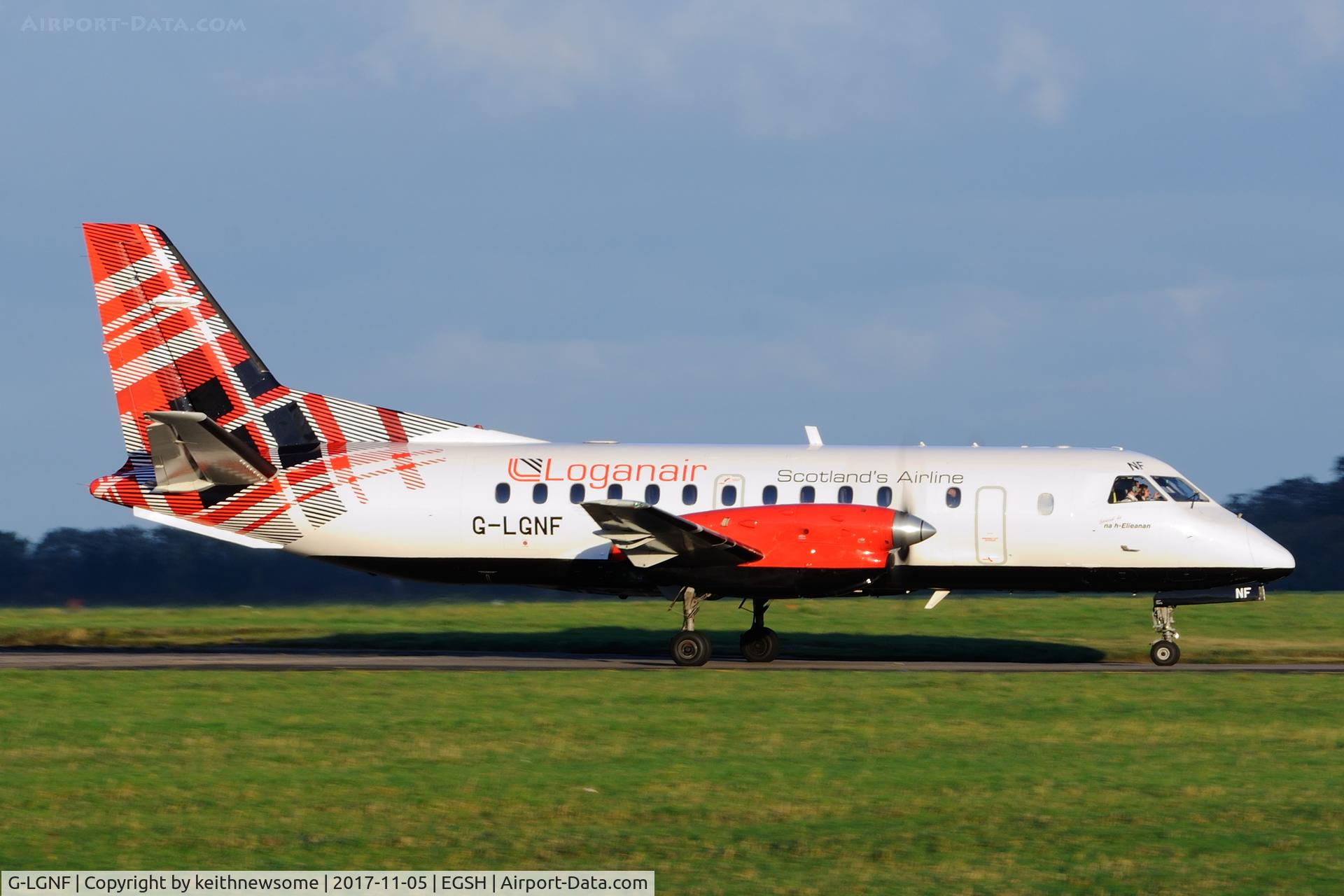 G-LGNF, 1990 Saab SF340B C/N 340B-192, Arriving at Norwich from Teeside.
