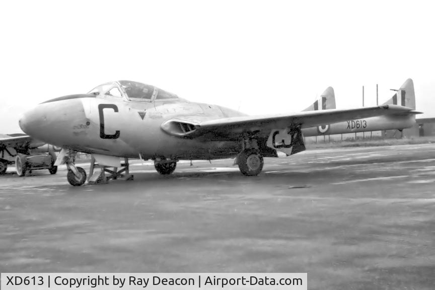 XD613, 1955 De Havilland DH-115 Vampire T.11 C/N 15438, Photograph taken by me when XD613 flew into RAF Little Rissington in 1961. At the time it was in service with the Central Air Traffic Control School (CATCS) at RAF Shawbury.