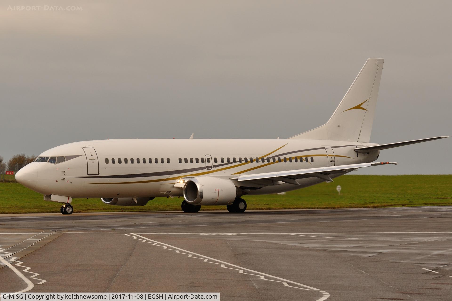 G-MISG, 1995 Boeing 737-3L9 C/N 27833, Leaving Norwich following maintenance.