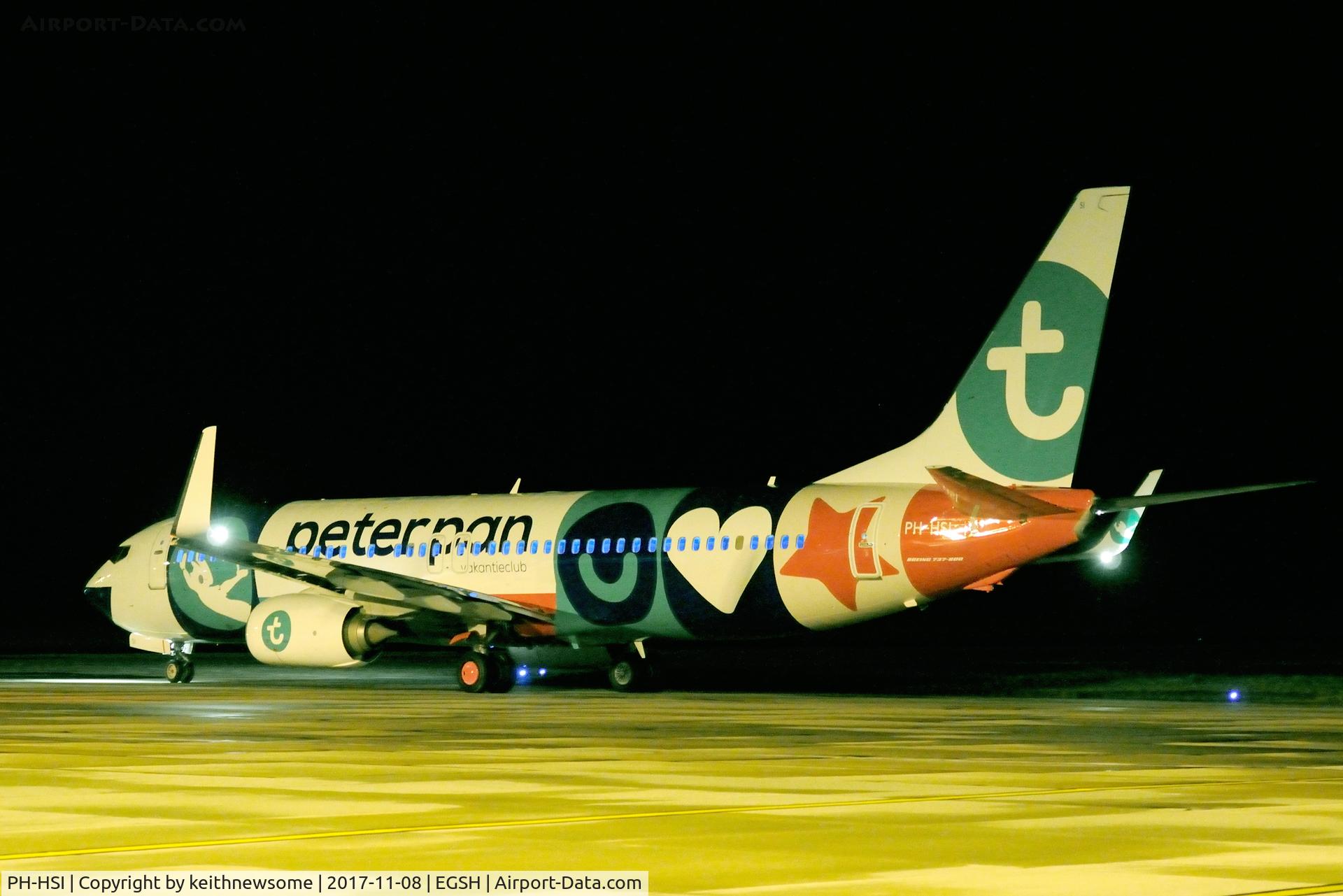 PH-HSI, 2013 Boeing 737-8K2 C/N 42148, Leaving Norwich as 'Peter Pan' logo jet.