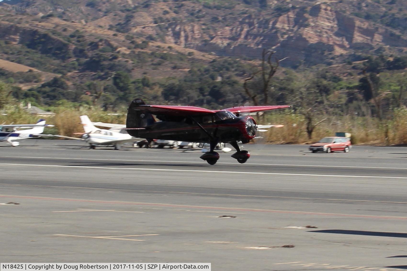 N18425, 1937 Stinson SR-9F Reliant C/N 5715, 1937 Stinson SR-9F 'Gullwing' RELIANT, Pratt & Whitney R-985 Wasp Jr. 450 Hp radial upgrade from original Wright 450 Hp radial, Landing Rwy 22 in from L70-hangared base-which see earlier photos.