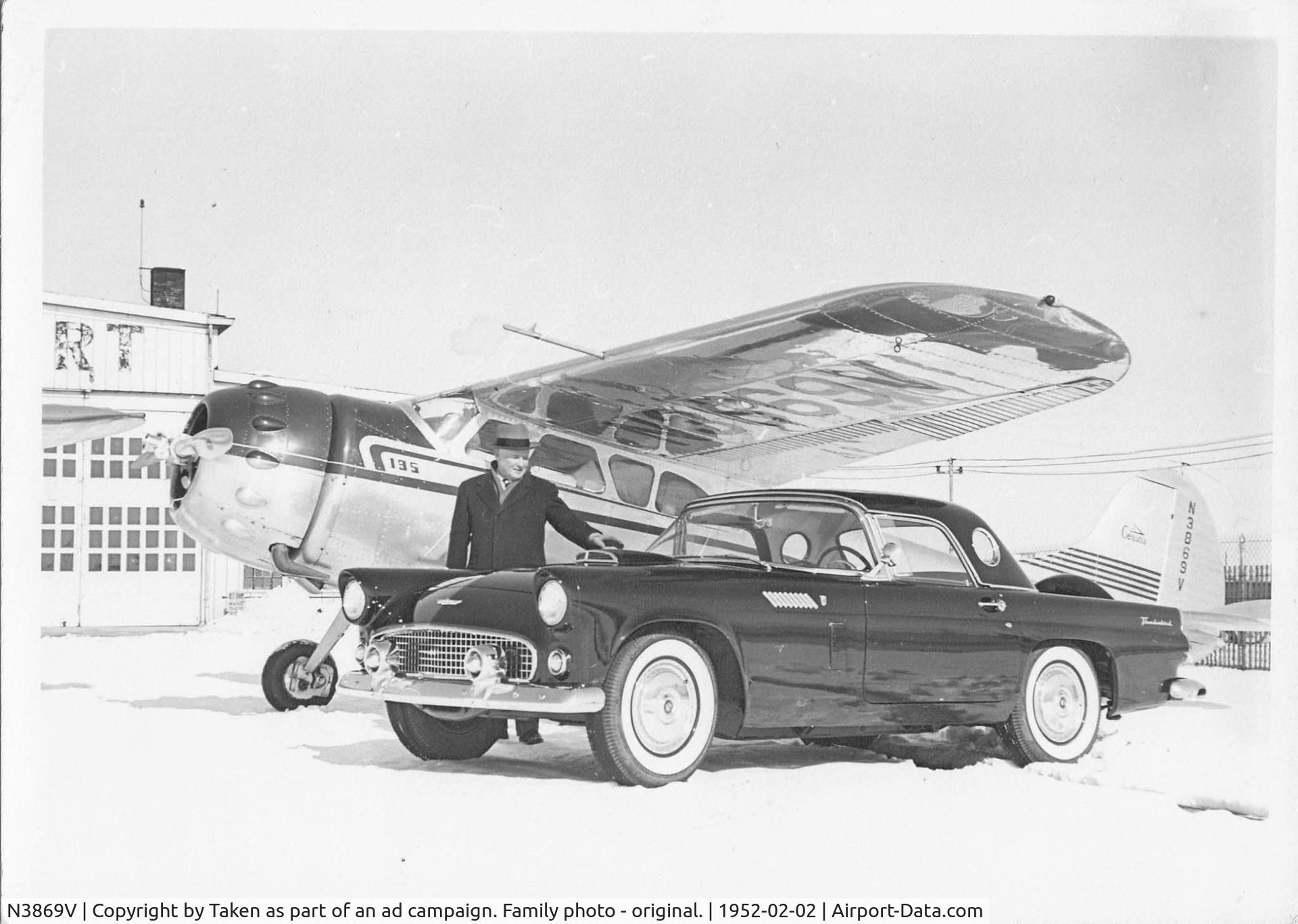 N3869V, 1949 Cessna 195 C/N 7330, 1949 Cessna 195 belonging to Cassius D. McCormick of Muncie, Indiana pictured here at Muncie Airport in February of 1952 with his Ford Thunderbird.