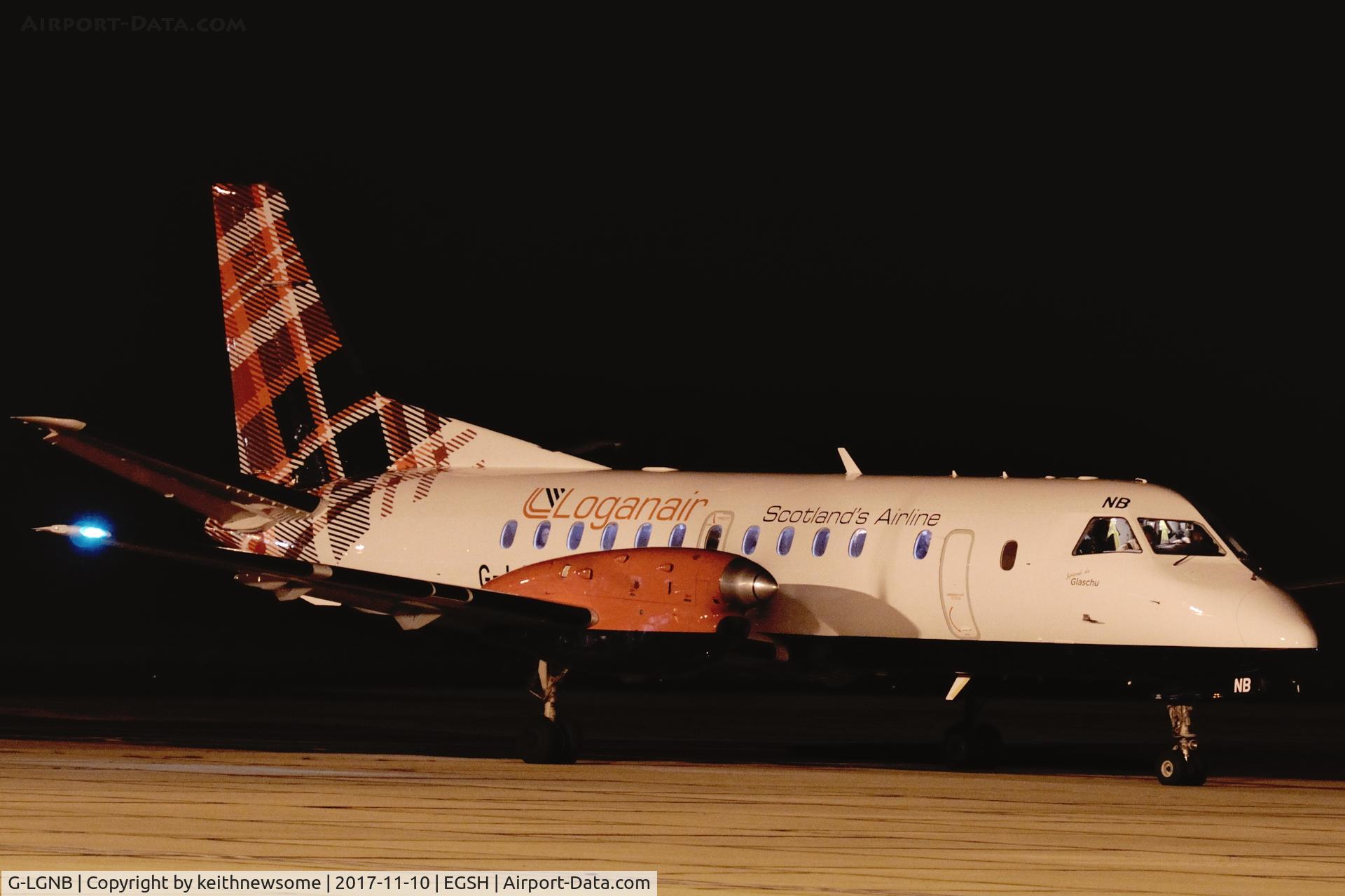 G-LGNB, 1990 Saab SF340B C/N 340B-216, Leaving Norwich for Manchester.