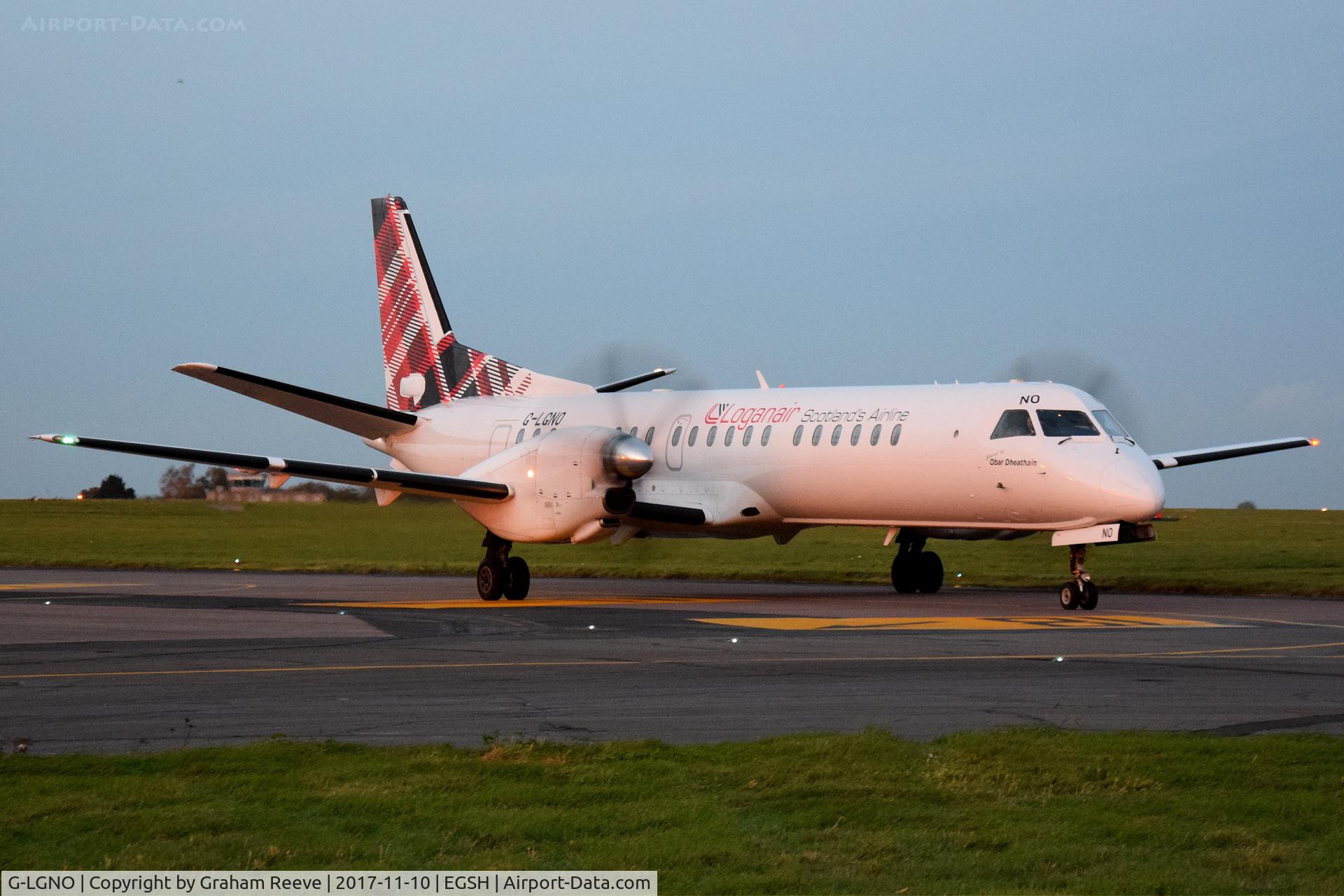 G-LGNO, 1995 Saab 2000 C/N 2000-013, Just landed at Norwich.