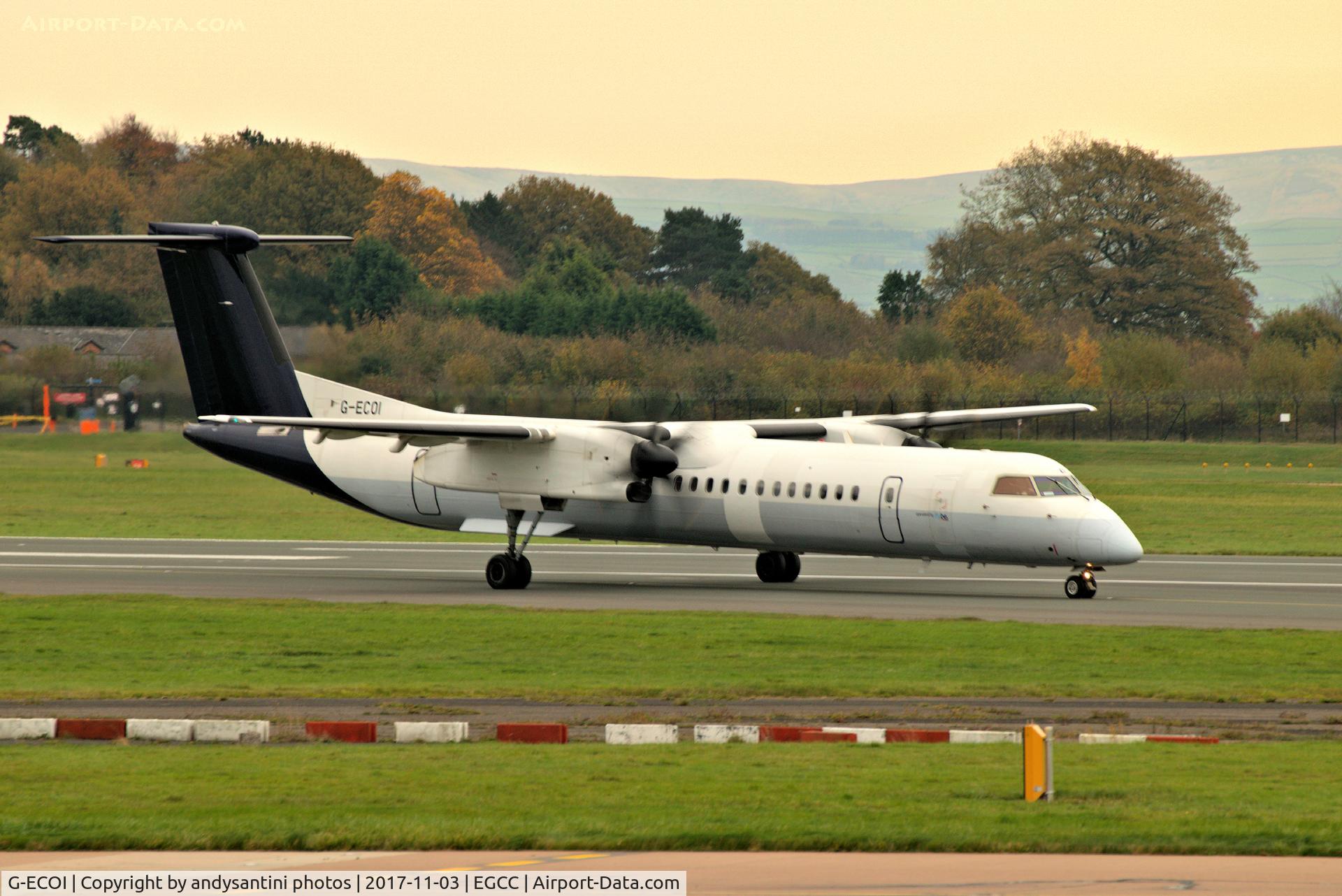 G-ECOI, 2008 De Havilland Canada DHC-8-402Q Dash 8 C/N 4224, taxing in after landing in basic SN Brussls cols no Titles