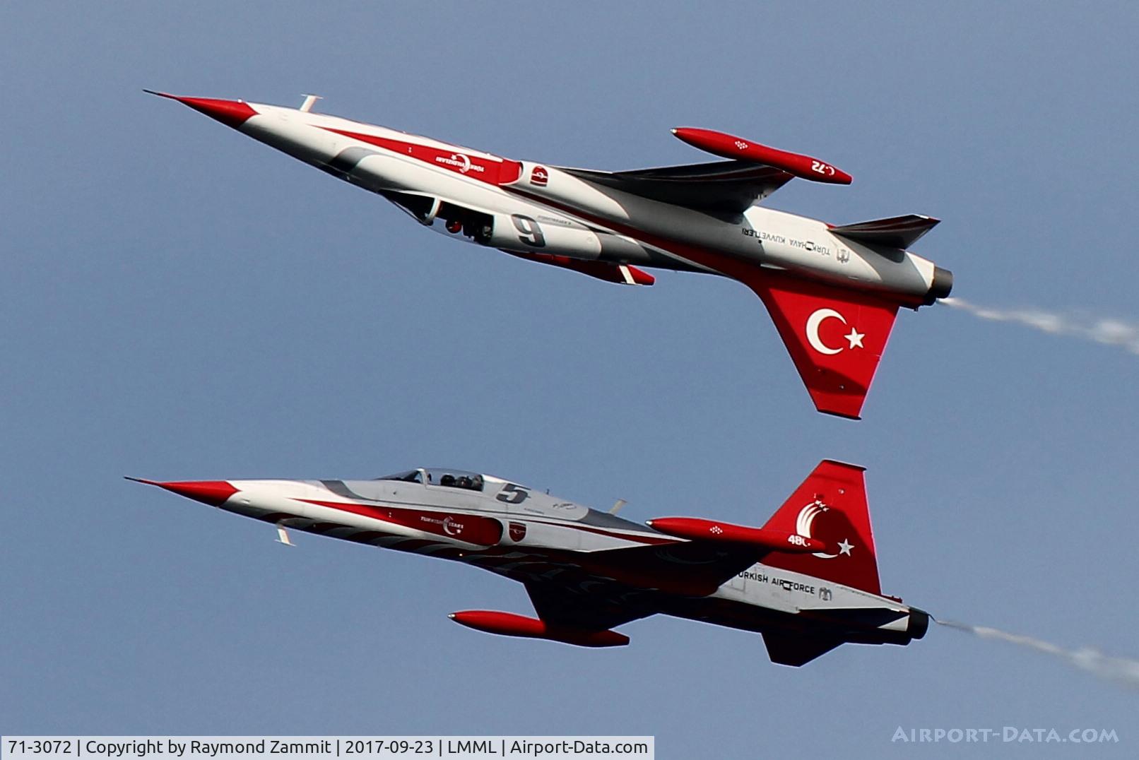 71-3072, Northrop (Canadair) NF-5A-2000 (CL-226) C/N 72, NF-5Bs 70-3048/5 and 71-3072 duo pair of the Turkish Stars Aerobatic Team performing at the Malta International Airshow 2017
