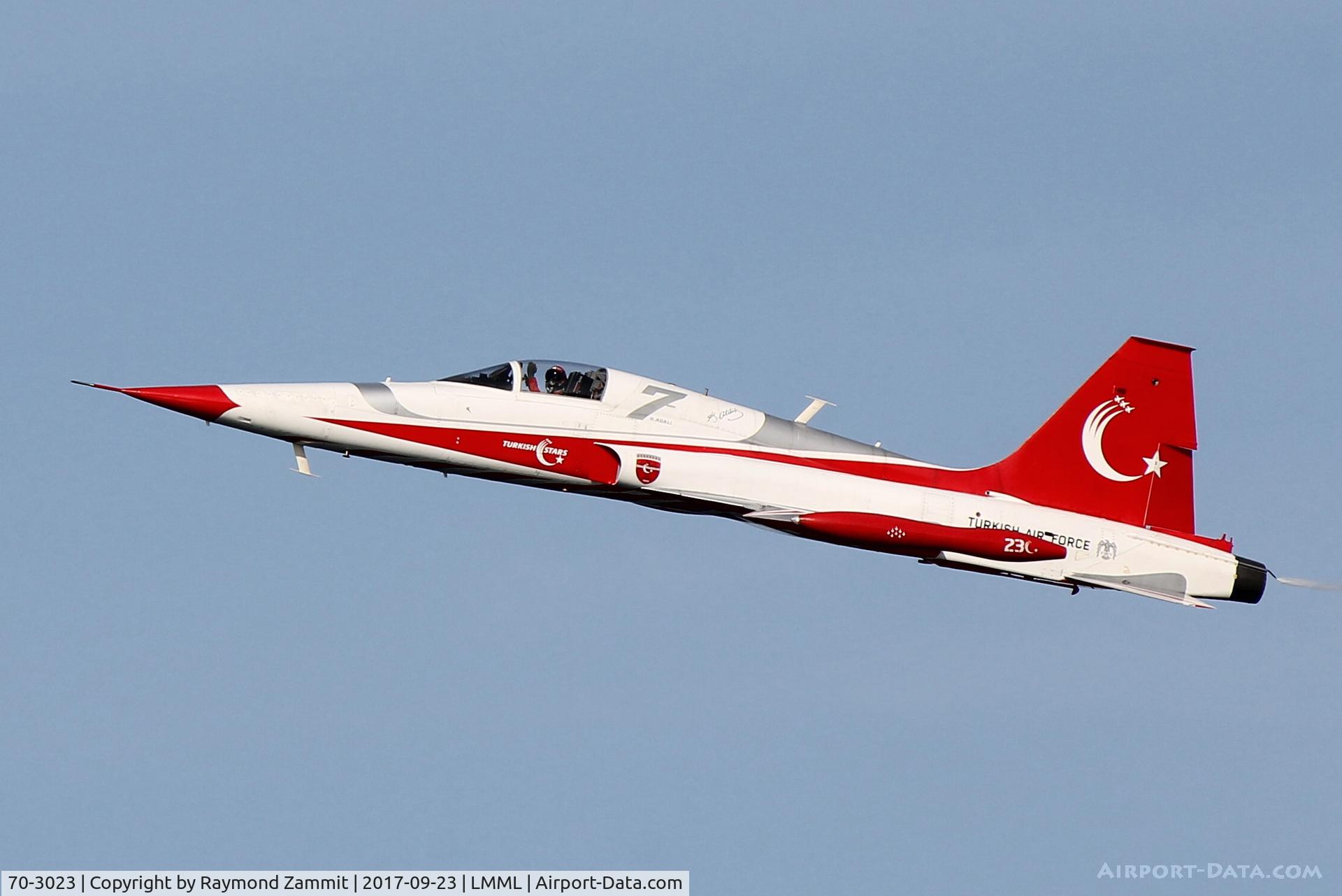 70-3023, Northrop (Canadair) NF-5A-2000 (CL-226) C/N 23, Northrop NF-5B 70-3023/7 doing a fly past during the Malta Airshow 2017.
