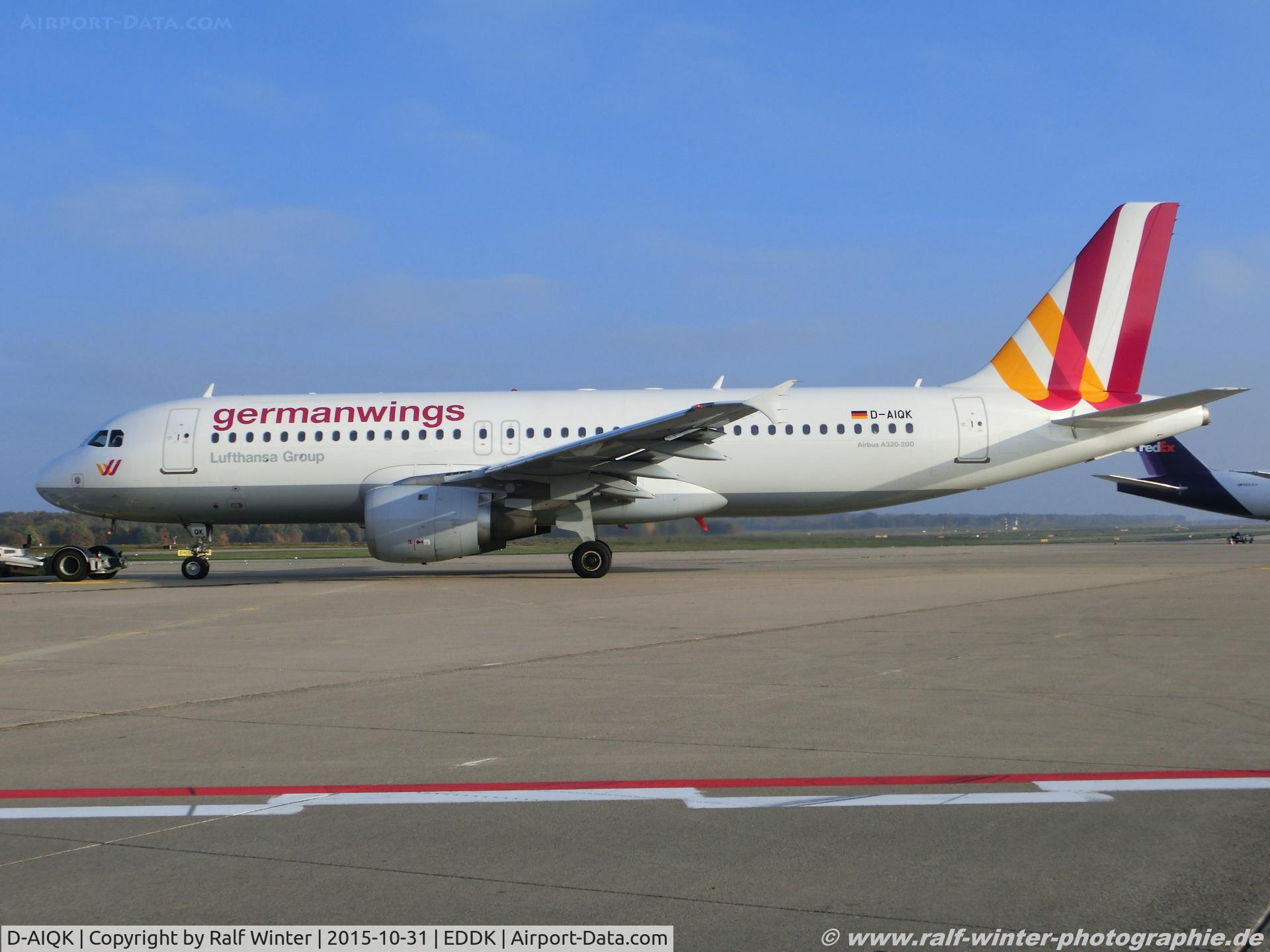 D-AIQK, 1991 Airbus A320-211 C/N 0218, Airbus A320-211 - 4U GWI Germanwings ex Lufthansa 'Rostock' - 218 - D-AIQK - 31.10.2015 - CGN