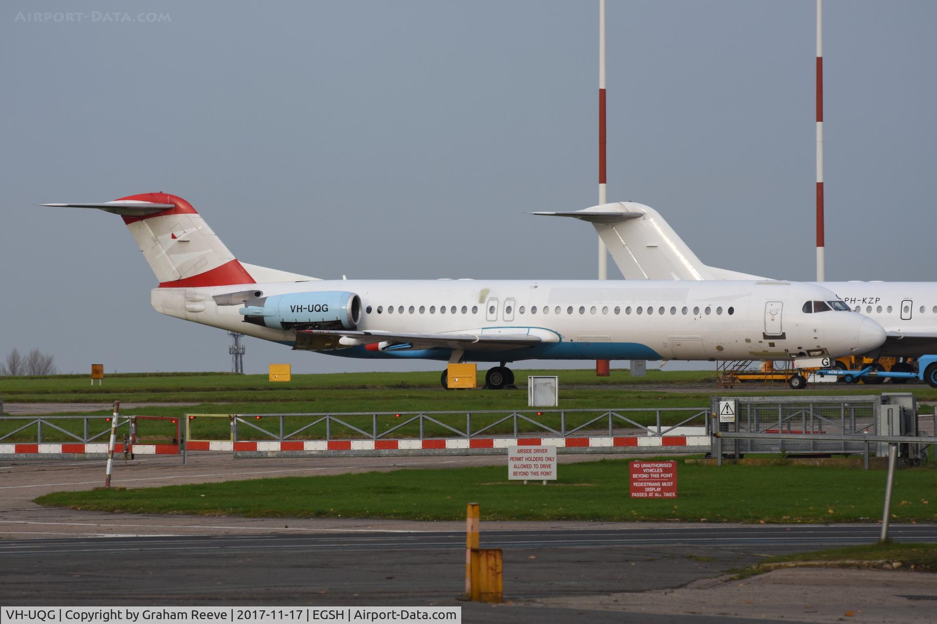 VH-UQG, 1993 Fokker 100 (F-28-0100) C/N 11446, Parked at Norwich.
