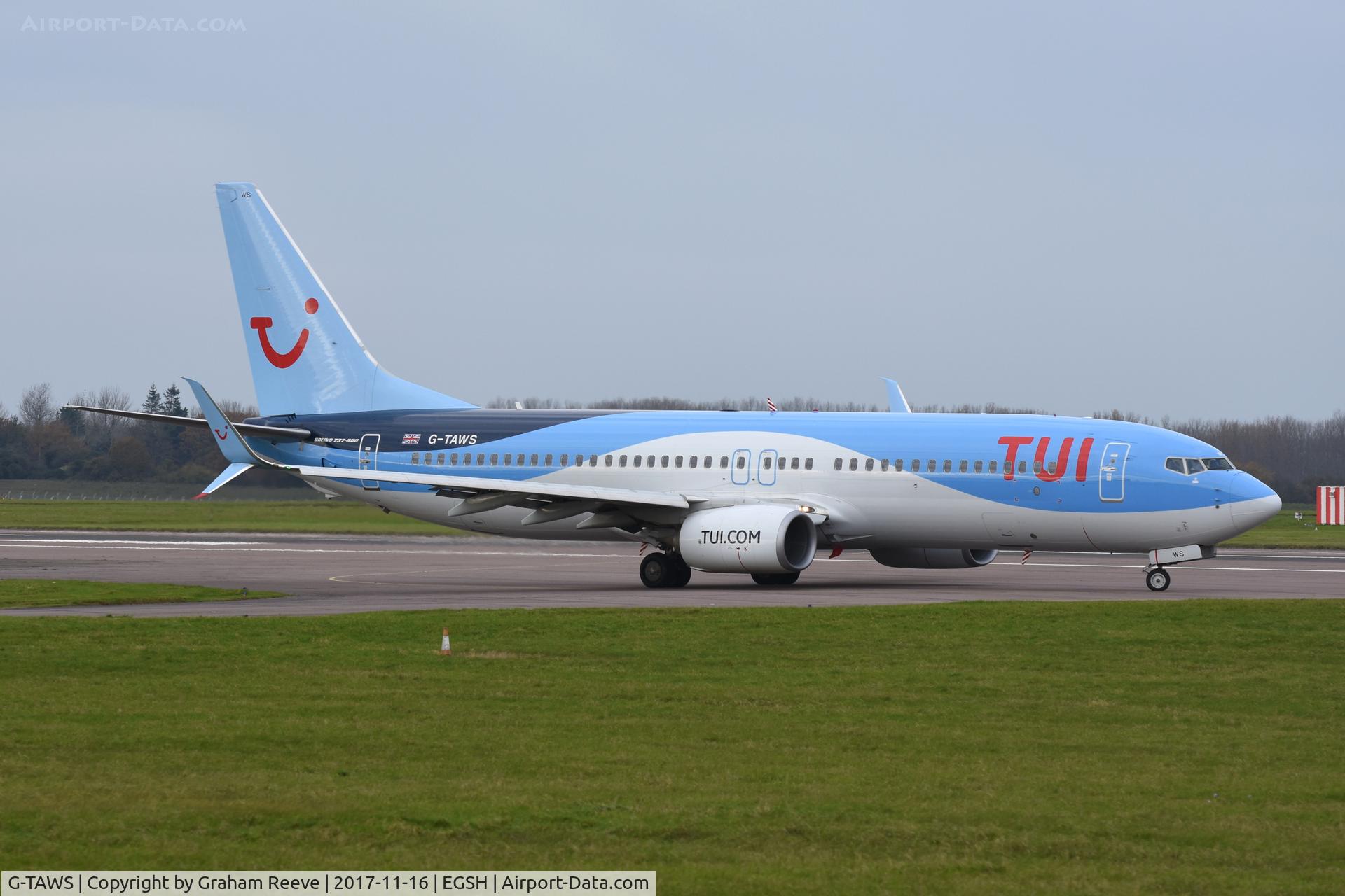 G-TAWS, 2014 Boeing 737-8K5 C/N 37241, About to depart from Norwich.
