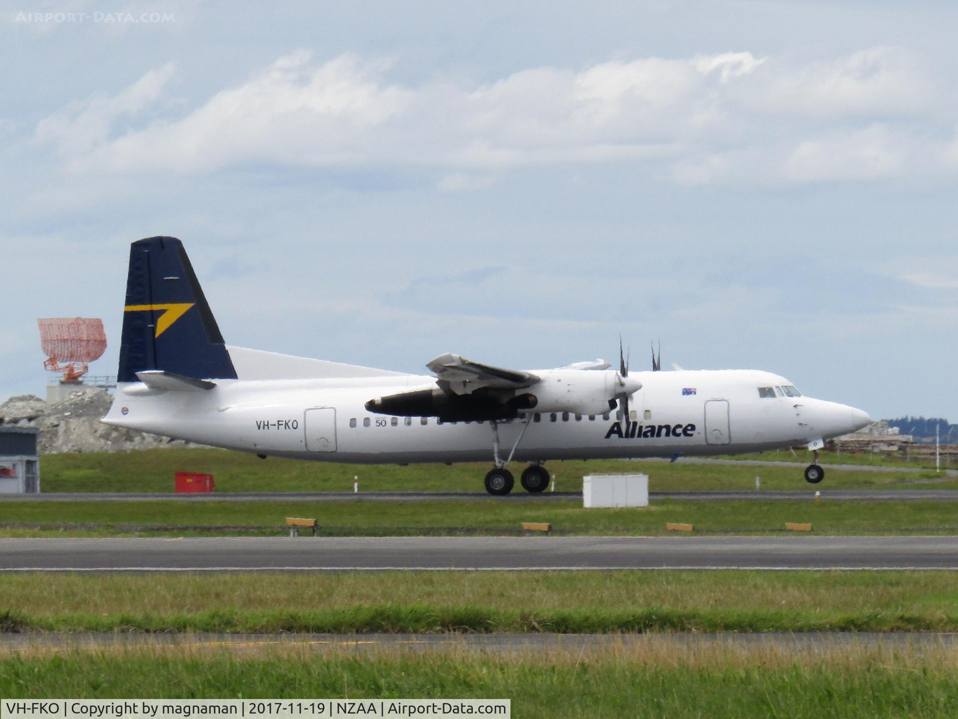 VH-FKO, 1989 Fokker 50 C/N 20160, touching down from QTN