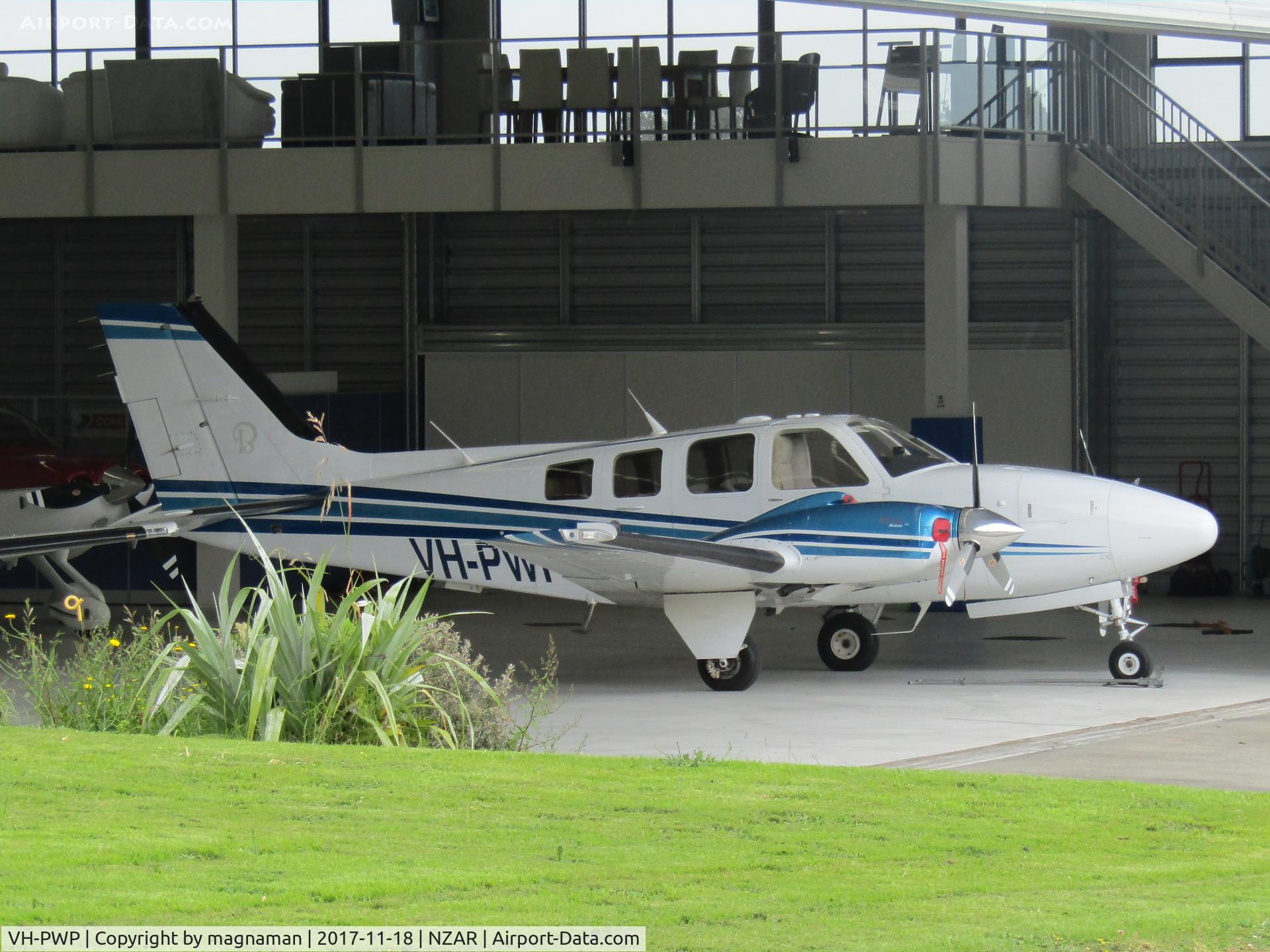 VH-PWP, Raytheon Aircraft Company G58 Baron C/N TH-2172, in new home hangar at ardmore