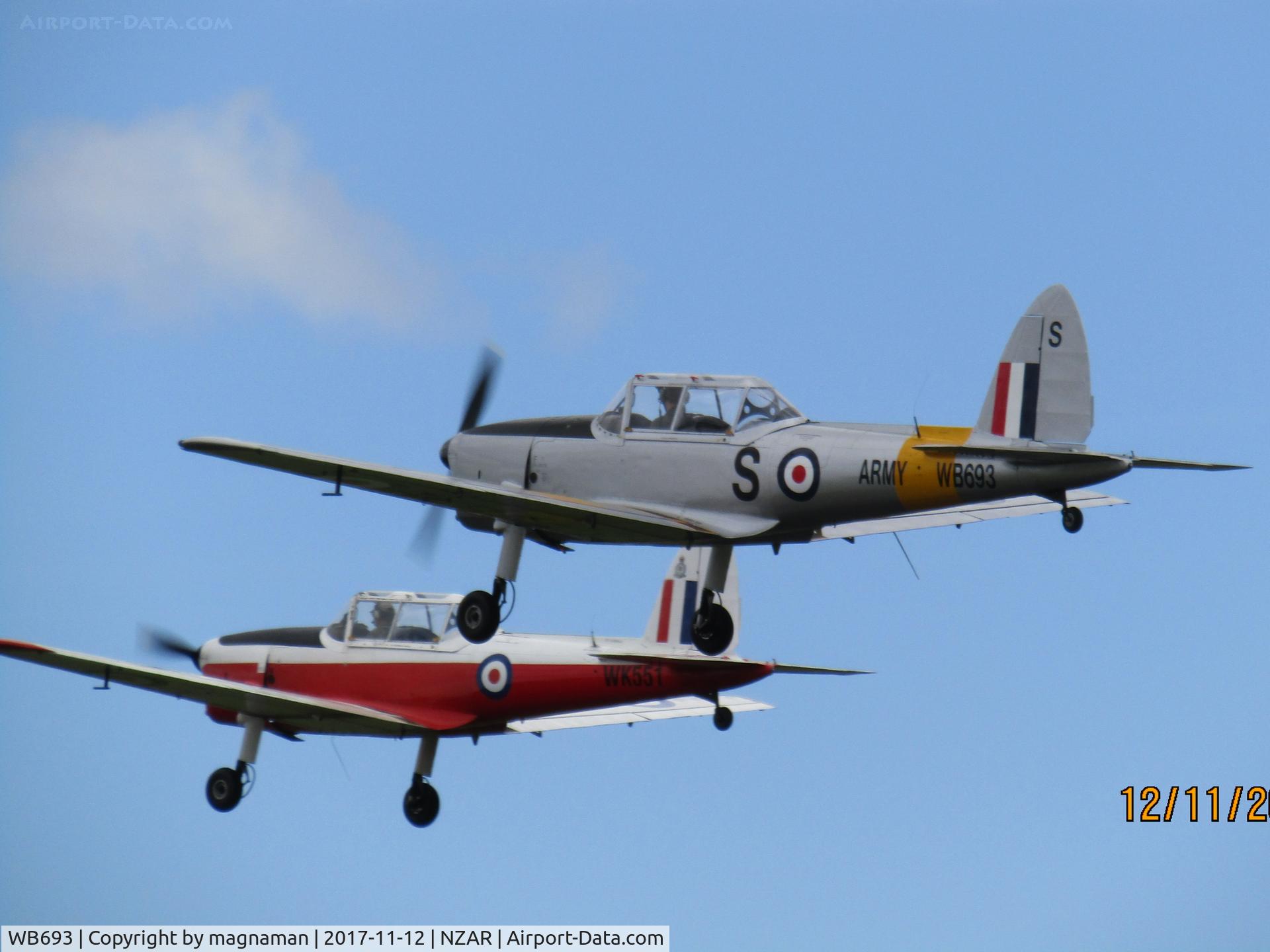 WB693, 1950 De Havilland DHC-1 Chipmunk T.10 C/N C1/0141, with pal WK551 in display at ardmore