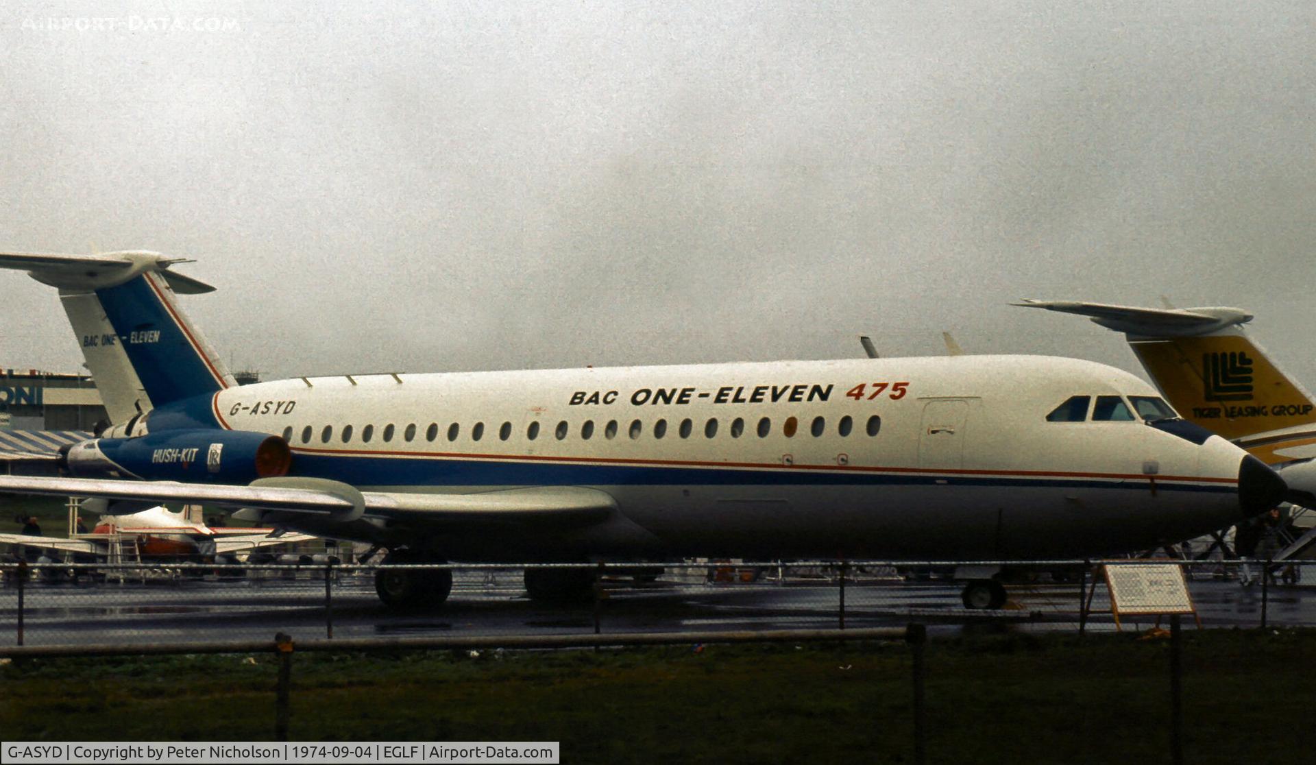 G-ASYD, 1965 BAC 111-475AM One-Eleven C/N BAC.053, BAC One Eleven 670AM of British Aerospace Corporation on display at the 1978 SBAC Farnborough Airshow.