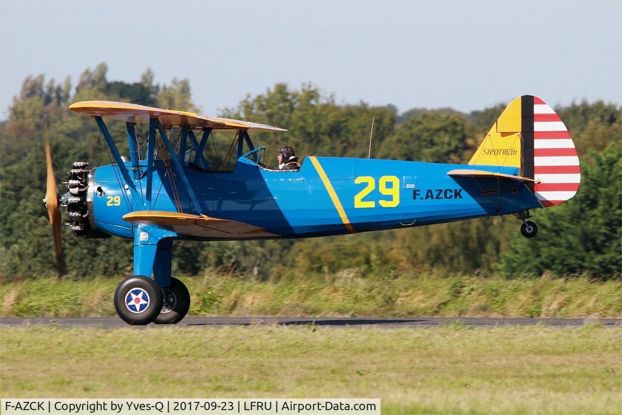 F-AZCK, 1941 Boeing A75N1 (PT-17) C/N 75-1653, Boeing A75N1, Take off rwy 23, Morlaix-Ploujean airport (LFRU-MXN) air show 2017