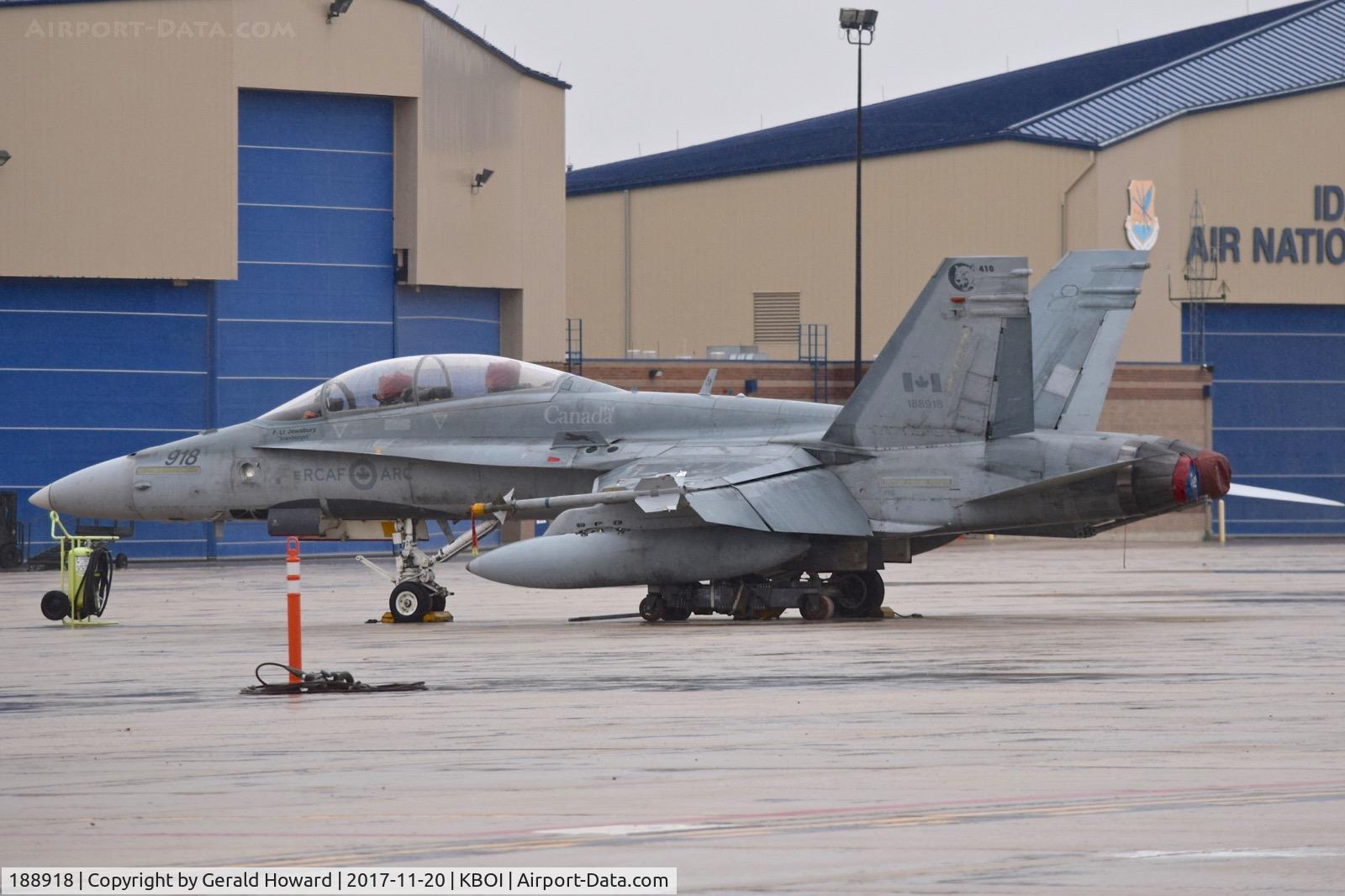 188918, 1985 McDonnell Douglas CF-188B Hornet C/N 0280/B054, Blew left main tire on landing. Dolly placed under gear and tugged to Idaho ANG ramp for repairs. 410 Squadron, Cold lake, Alberta, Canada.