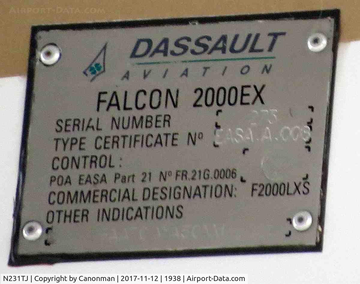 N231TJ, 2014 Dassault Falcon 2000LXS C/N 273, Identification