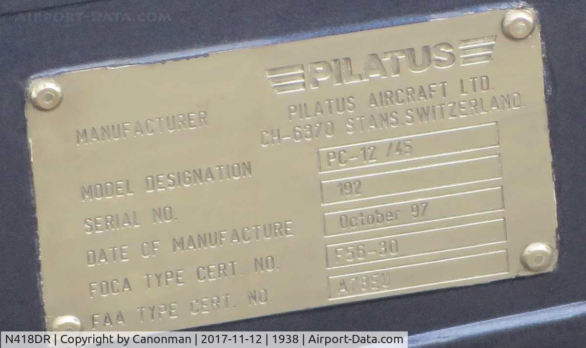 N418DR, 1997 Pilatus PC-12/45 C/N 192, Plane's identification