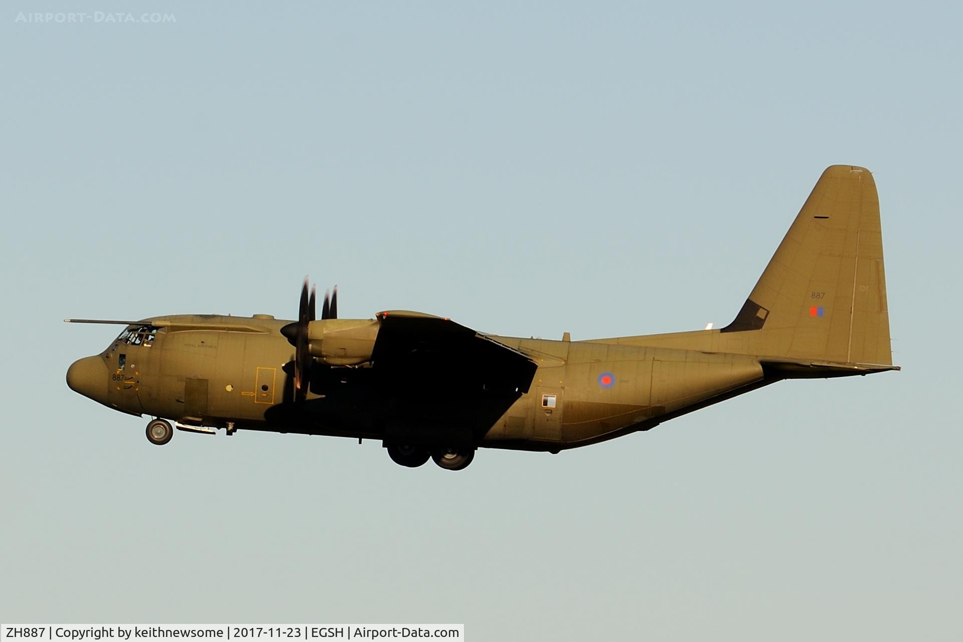 ZH887, 1999 Lockheed Martin C-130J Hercules C.5 C/N 382-5485, Leaving Norwich following two ILS approaches.