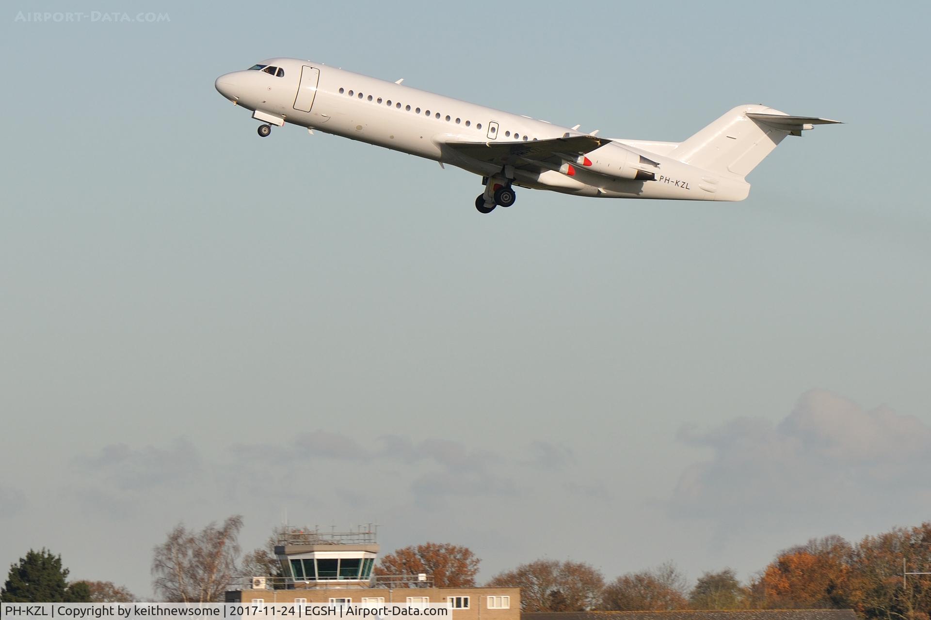 PH-KZL, 1995 Fokker 70 (F-28-0070) C/N 11536, Leaving Norwich to become 5B-DDA with TUS Airways, Cyprus.