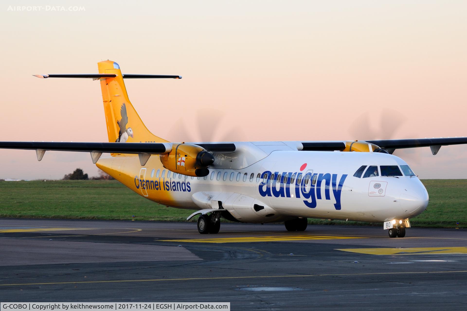 G-COBO, 2008 ATR 72-212A C/N 852, Arriving at Norwich late in the day.