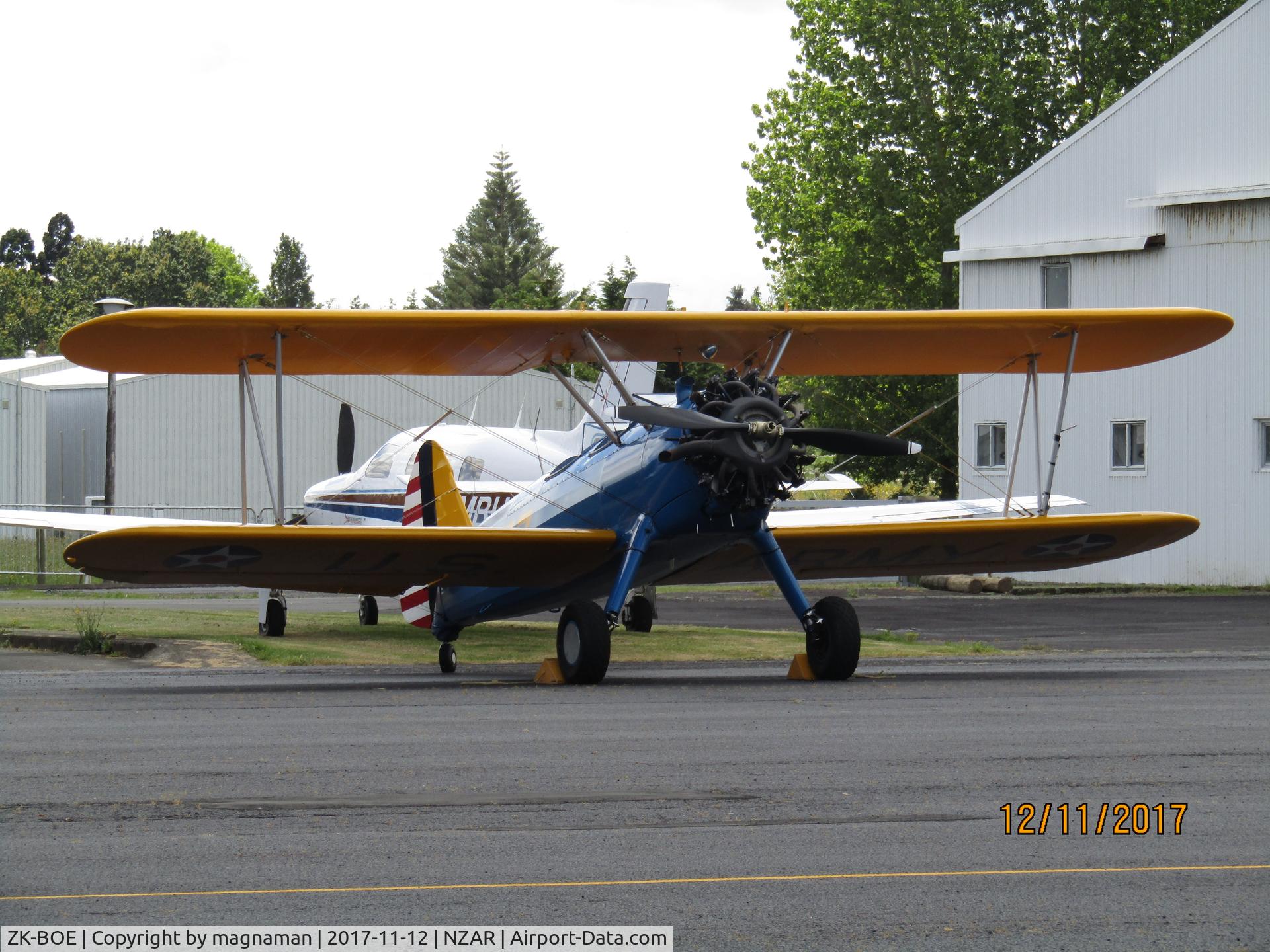 ZK-BOE, 1942 Boeing PT-13D Kaydet (E75) C/N 75-5064, one of three on apron today