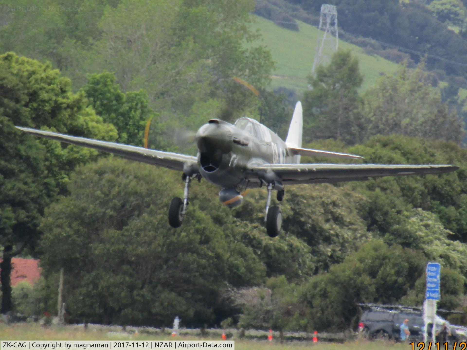 ZK-CAG, 1943 Curtiss P-40N Warhawk C/N 28492, long shot coming into land