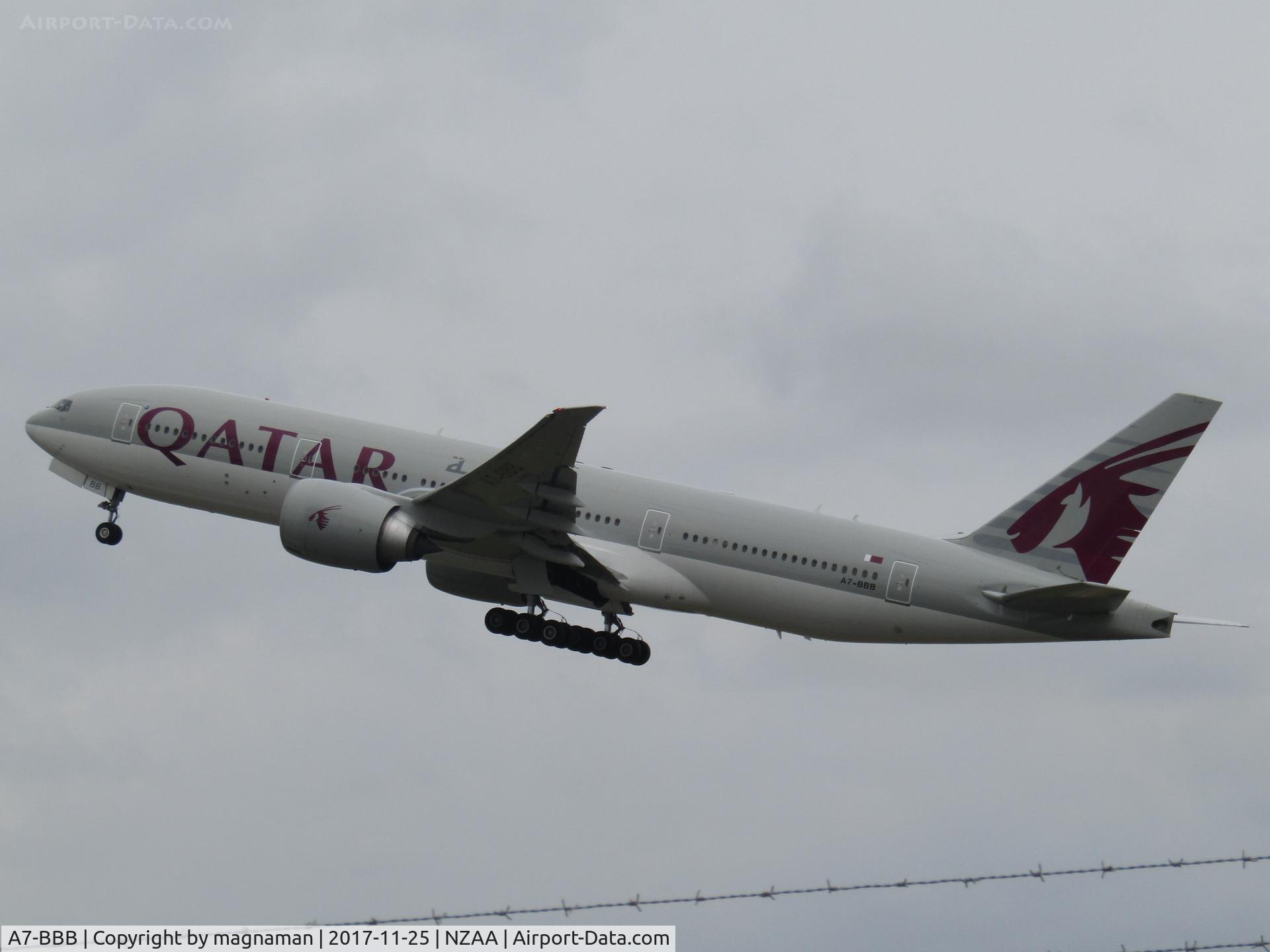A7-BBB, 2009 Boeing 777-2DZ/LR C/N 36013, departing AKL
