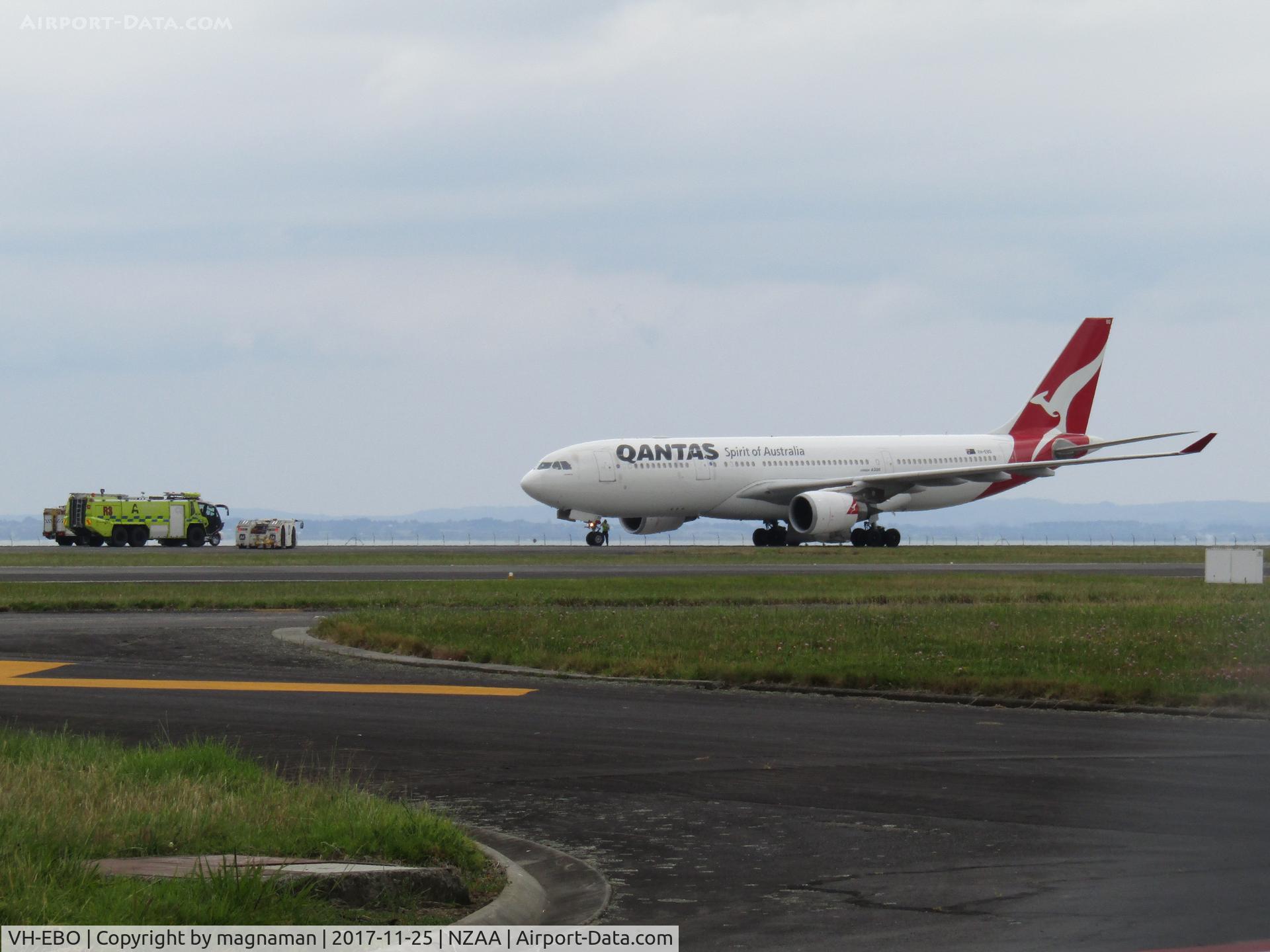 VH-EBO, 2010 Airbus A330-202 C/N 1169, fire trucks on standby by after hydraulic issue