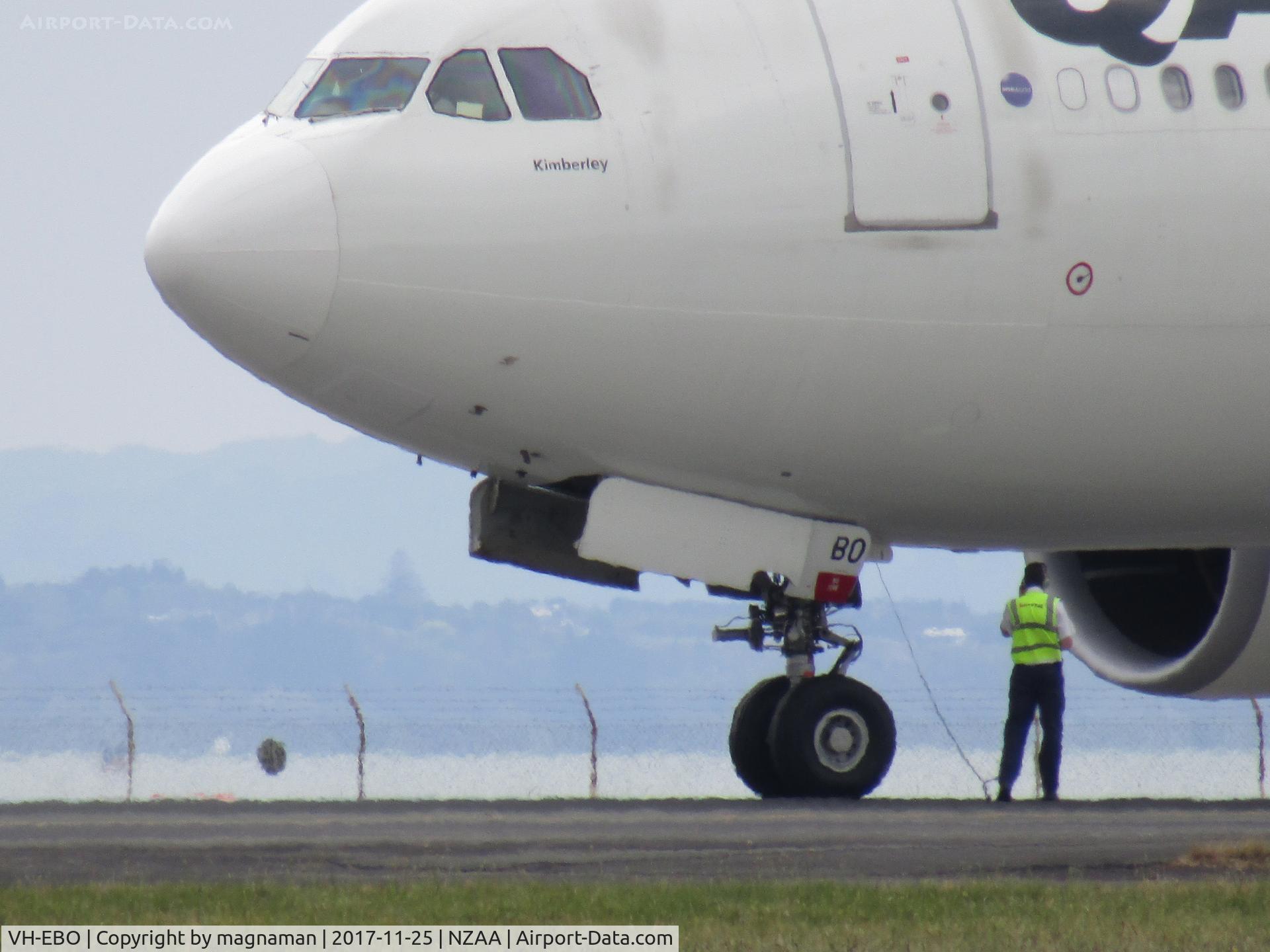 VH-EBO, 2010 Airbus A330-202 C/N 1169, held on runway for checks after landing with hydraulic warning